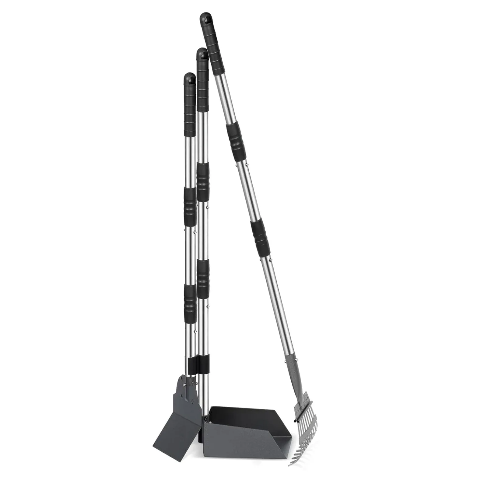 RIZGHWOY Set Paletta per Escrementi, Manico Regolabile da 37 Pollici, Acciaio Inossidabile (Black) | Antiruggine, montaggio in 1 minuto, vassoio lavabile con risciacquo, pieghevole, con rastrello e vanga, meno sacchetti, per