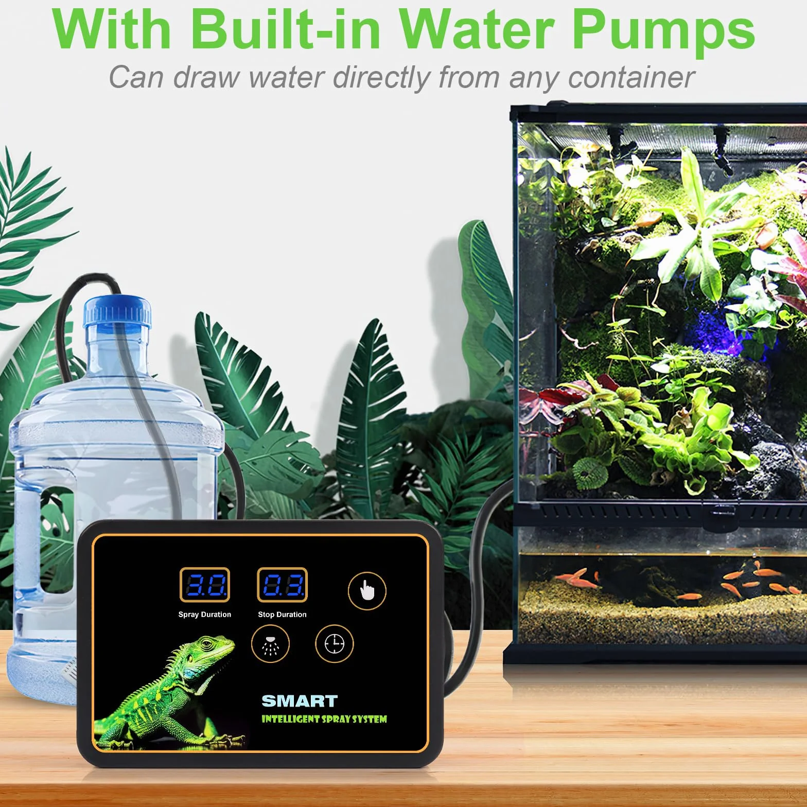 Nebulizzatore Terrario, Glovios Nebulizzazione per Teca Rettili, Umidificatore per Rettili con Timer e Ugelli a 360°, Umidificatore Rotante per Anfibi Rettili Piante Fiori