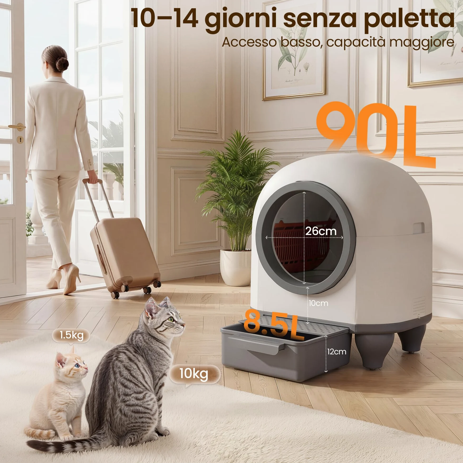 Lettiera Gatto Autopulente con APP, Lettiera Autopulente per Gatti da 90 L con Cassetto Feci da 8,5 L per Oltre una Settimana, Sistema Profumato e Sensore Radar, Adatta a Famiglie con Più Gatti.