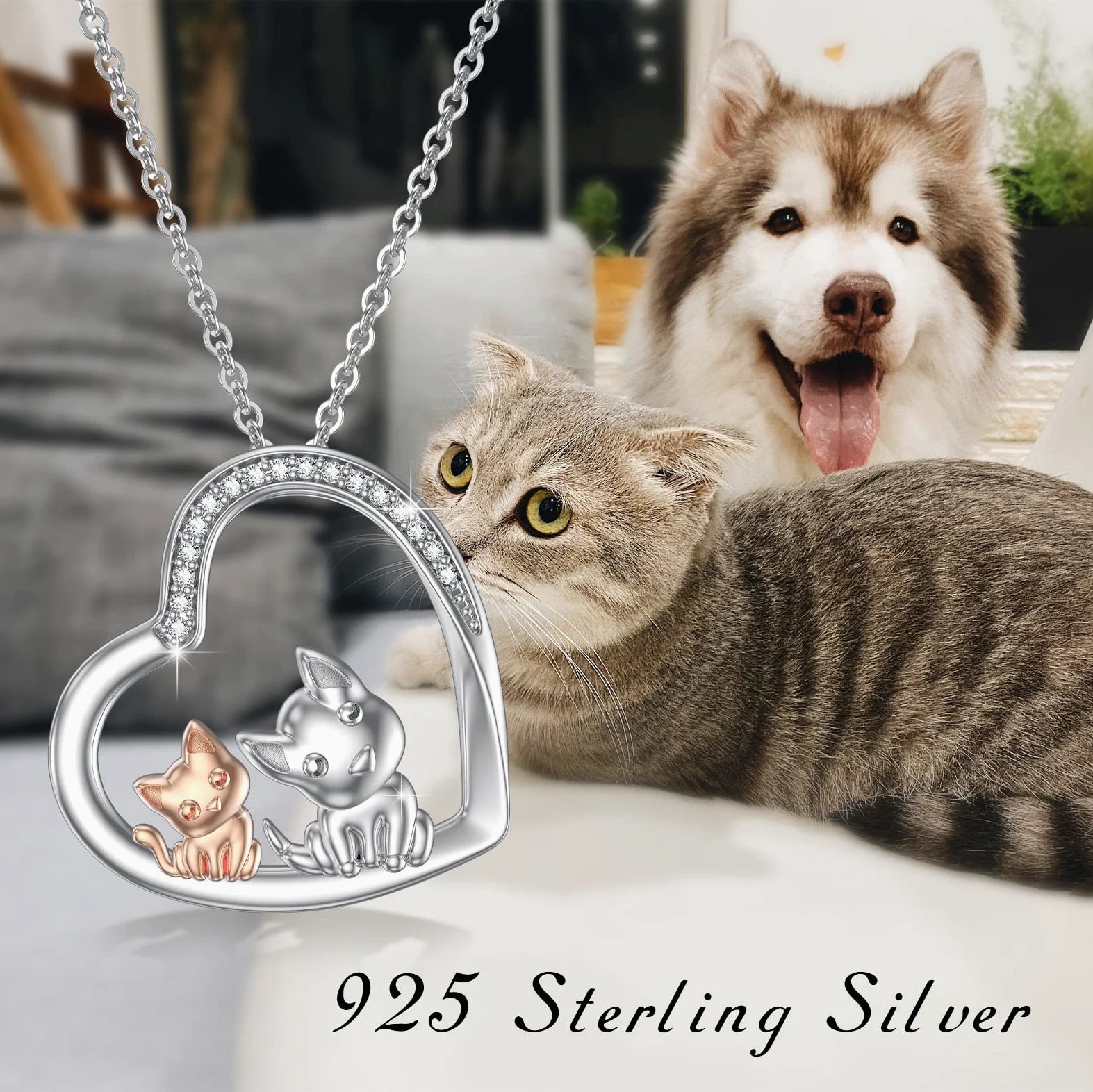 Collana con ciondolo a forma di cuore, in argento Sterling 925, con ciondolo a forma di gatto, cane/cavia/farfalla, per donne e ragazze, amanti degli animali domestici