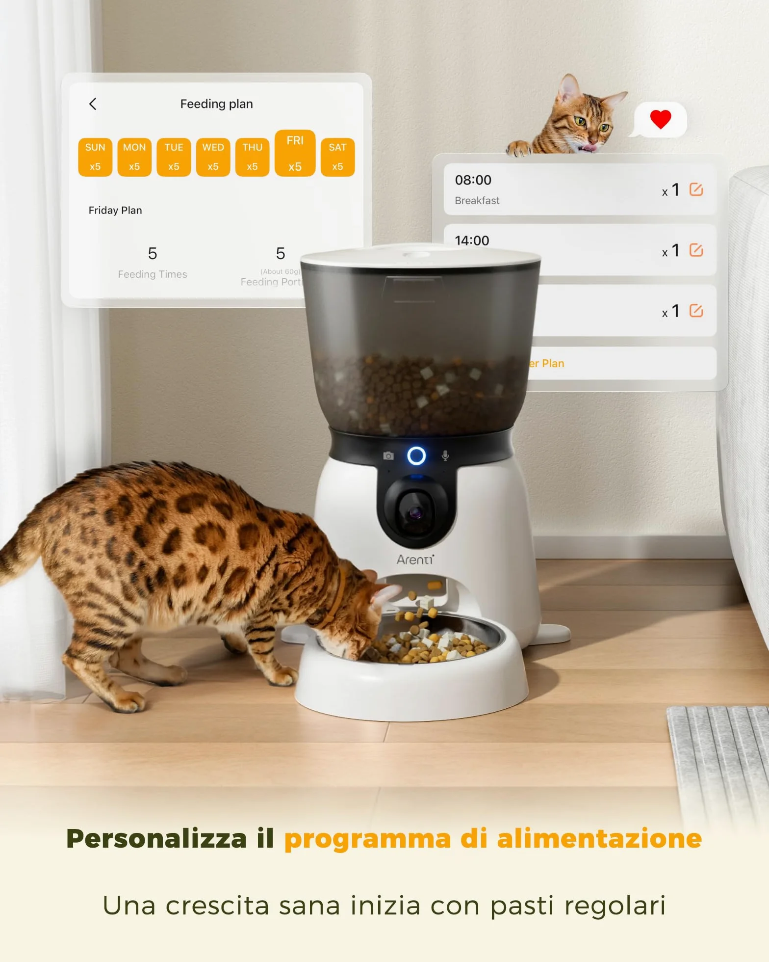 ARENTI Distributore Automatico Cibo per Gatti e Cani con Telecamera HD 2K/3MP,Fontanella per Gatti,WiFi 2.4G&5G,4.5L Dispenser Cibo Gatti/Cani con Audio Bidirezionale, Controllo APP