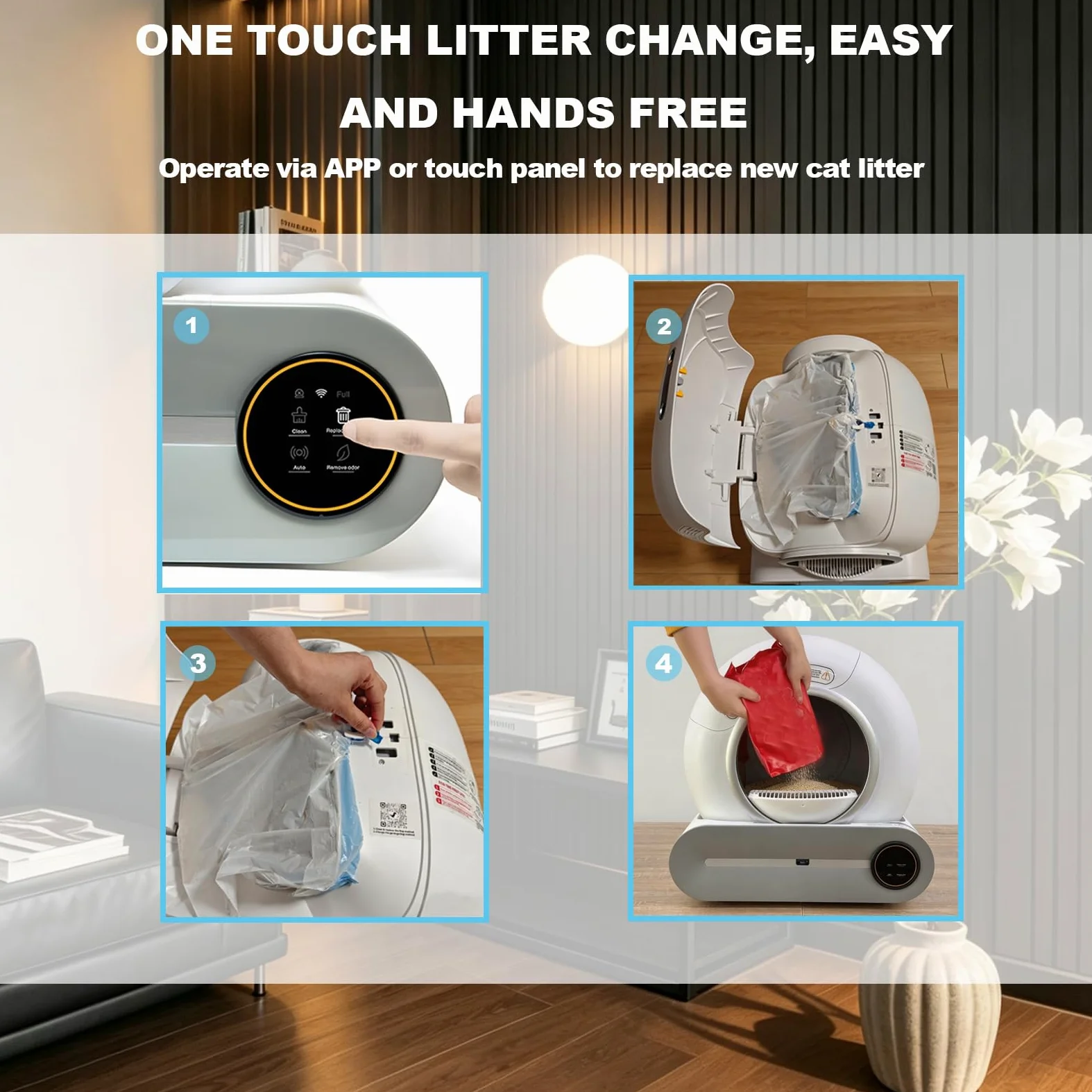 Lettiera Autopulente Per Gatti xxl 74L Lettiera Gatto Autopulente Automatica, Deodorante Ionico, Smart Health Monitor, Comando APP con tappetino e Sacchetti(Bianco A)