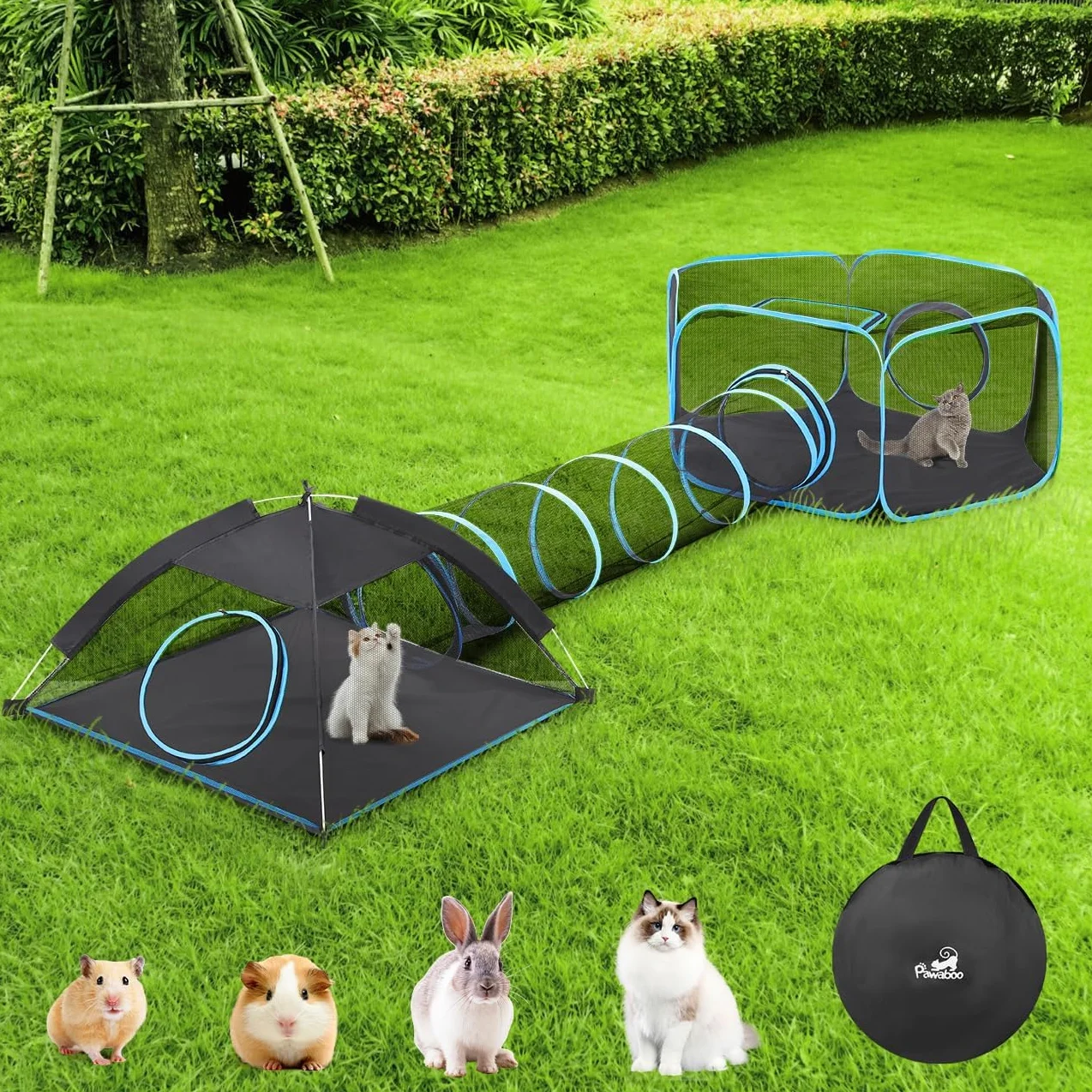 Pawaboo Tenda per Gatti con Tunnel, 3 in 1 Recinto per Gattis da Esterno con Tunnels, Recinzione per Animali Pieghevole e Portatile Box per Gatti, Include 1 Box+1 Tenda+1 Tunnel, Azzurro + Nero
