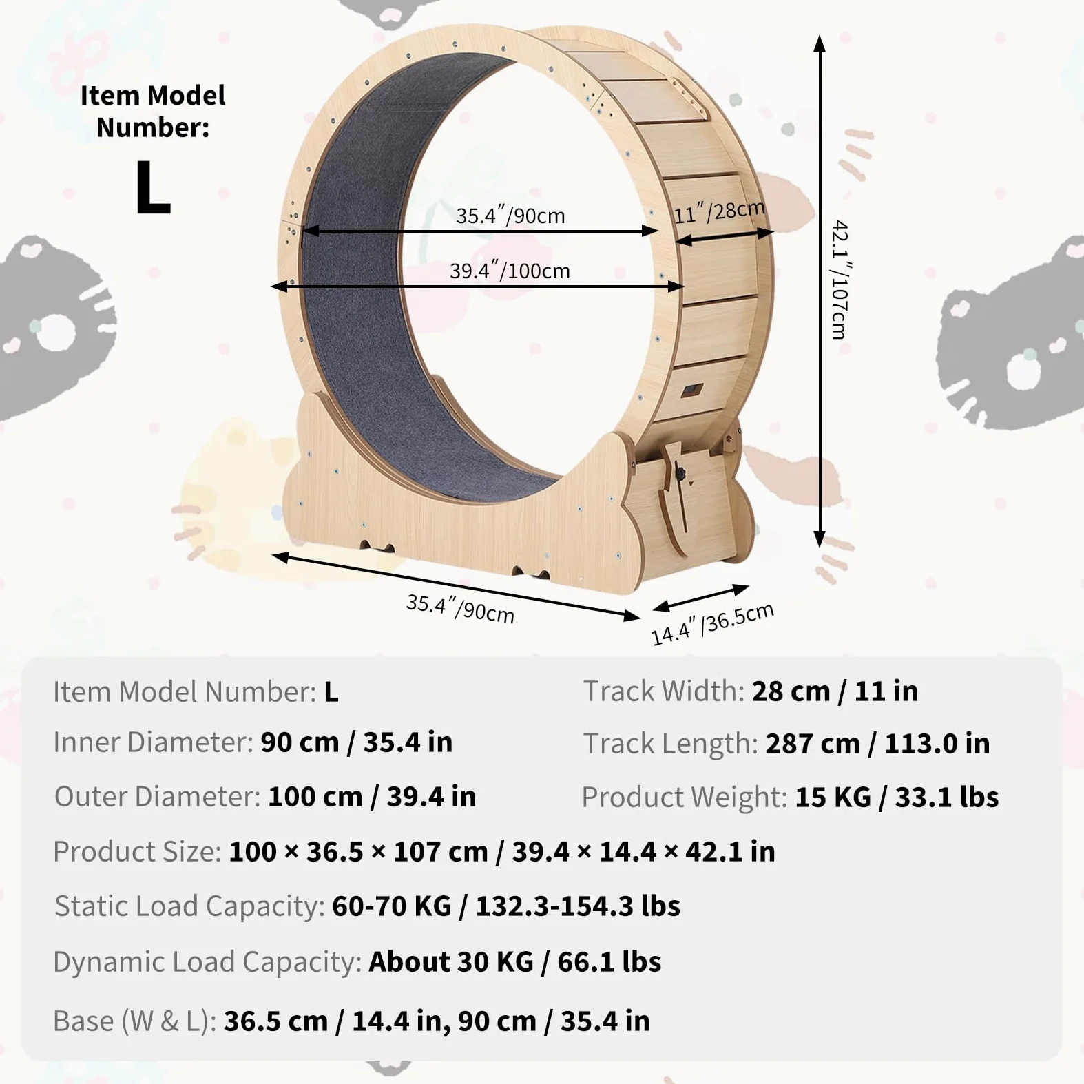 Towallmark Ruota per Gatti 90-100cm – Pannello E1 ad Alta Densità – Silenziosa, Sicura, Facile da Pulire – Per Tutte le Taglie