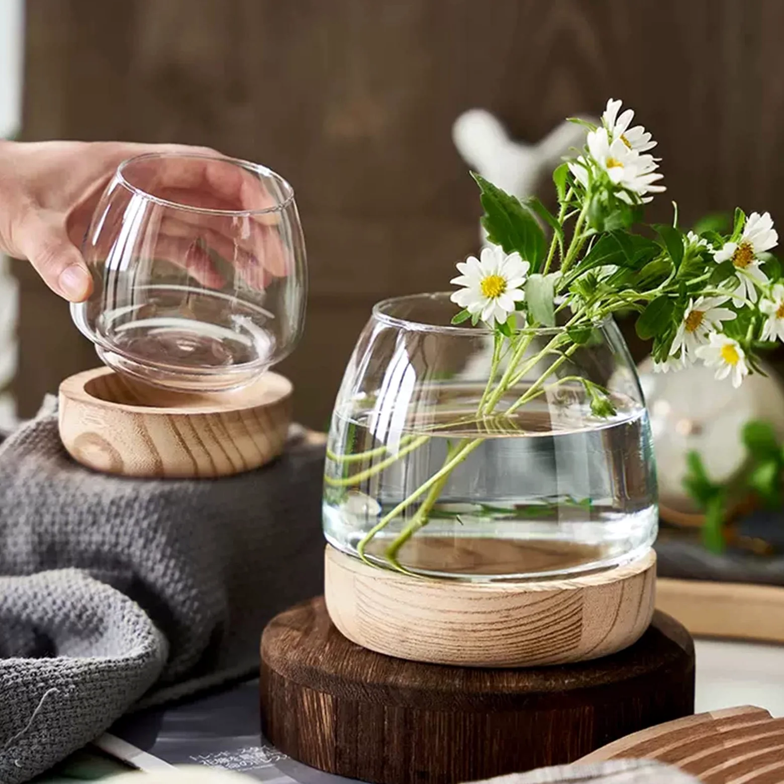 Vaso per Pesci in Vetro Con Base in Legno Staccabile, Piccolo da Tavolo per Piante Idroponica, Terrario Acquario Ecologico, Fiori (A)