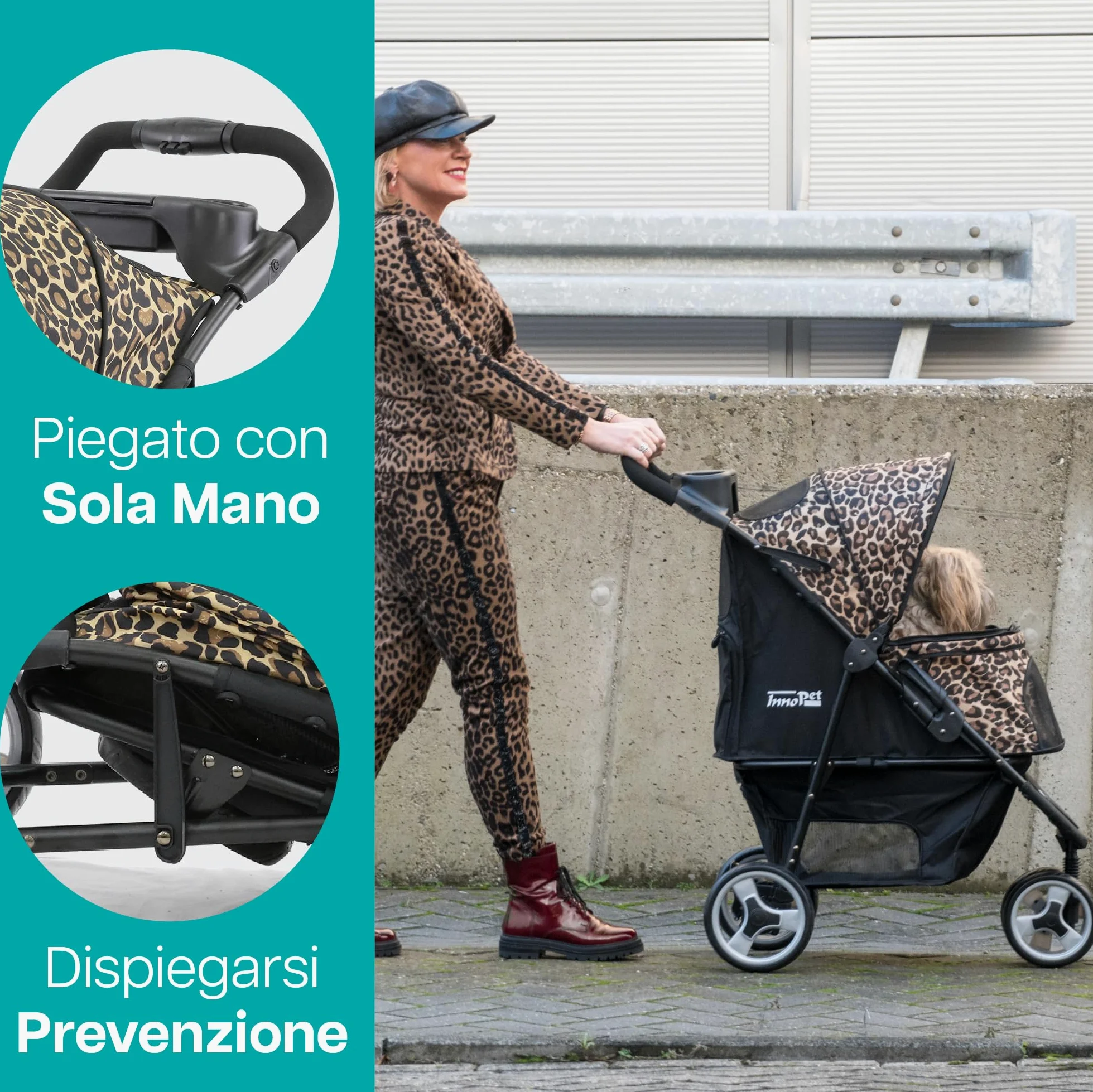 Innopet Buggy Allure Cheetah - Elegante passeggino per cani con stampa leopardata, pieghevole con una sola mano - Ruote antiforatura - Peso massimo 20 kg - carrozzina ideale per gatti