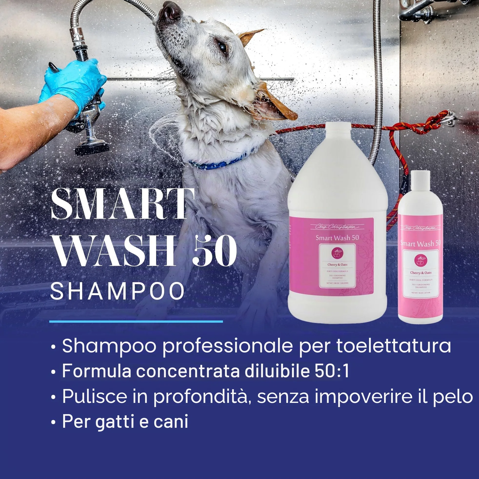 Chris Christensen Smartwash 50 Shampoo Cherry & Oats 3,8L – Ultra Concentrato 50:1, Detergente Idratante con Ciliegia e Avena, per Tutti i Tipi di Manto, Uso Professionale Cani e Gatti
