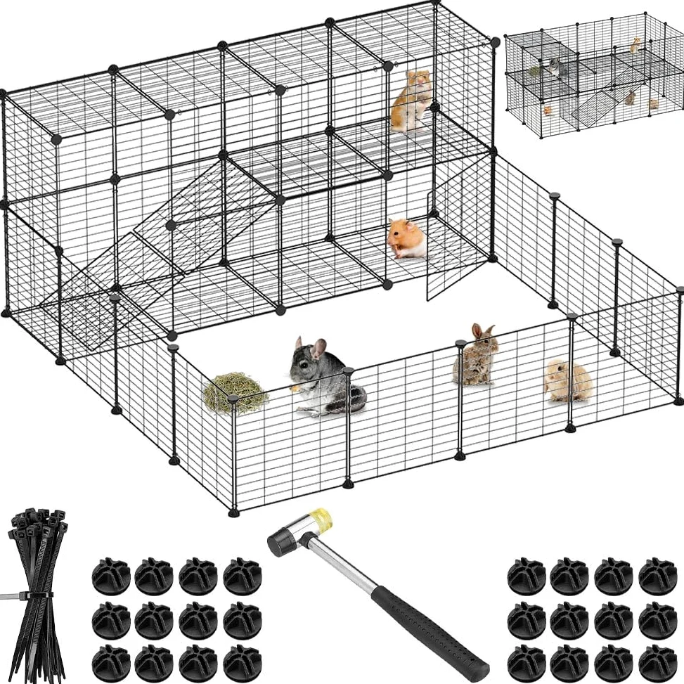 BAKAJI Recinto per Animali di Piccola Taglia Personalizzabile in Metallo, Recinzione Componibile per Porcellini d'India, Criceti, Conigli, Cincillà, per Interni ed Esterni (143 x 71 x 46 cm 2 Piani)