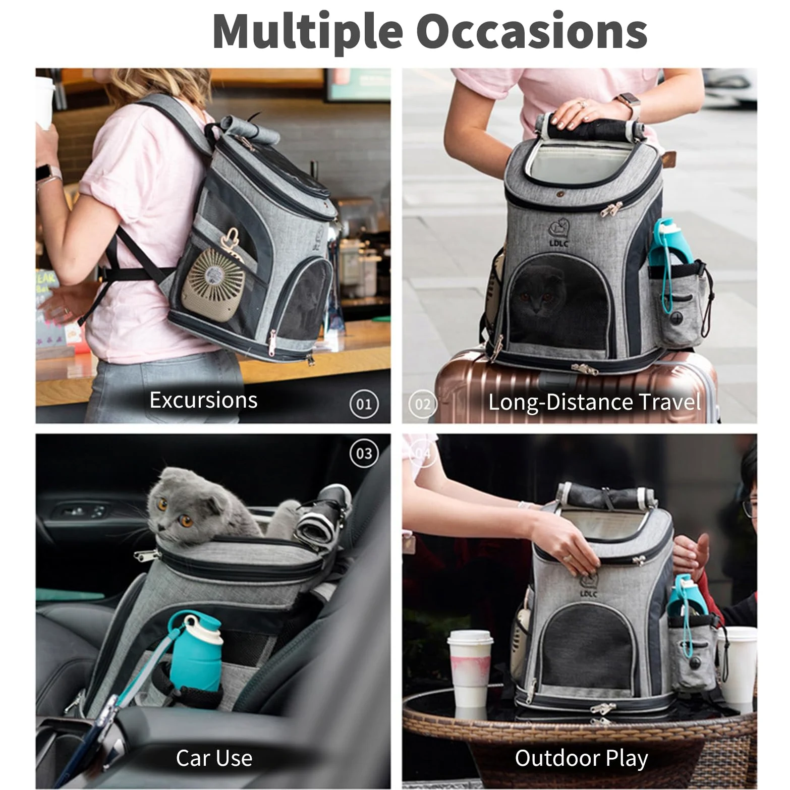 PETCUTE Zaino per Cani Traspirante,Borsa Trasportino Gatti con Cinturino di Sicurezza,Zaini Trasporto Cane Portatile con Tasche Laterali,Regolabile Zaino Gatto per Viaggio Campeggio