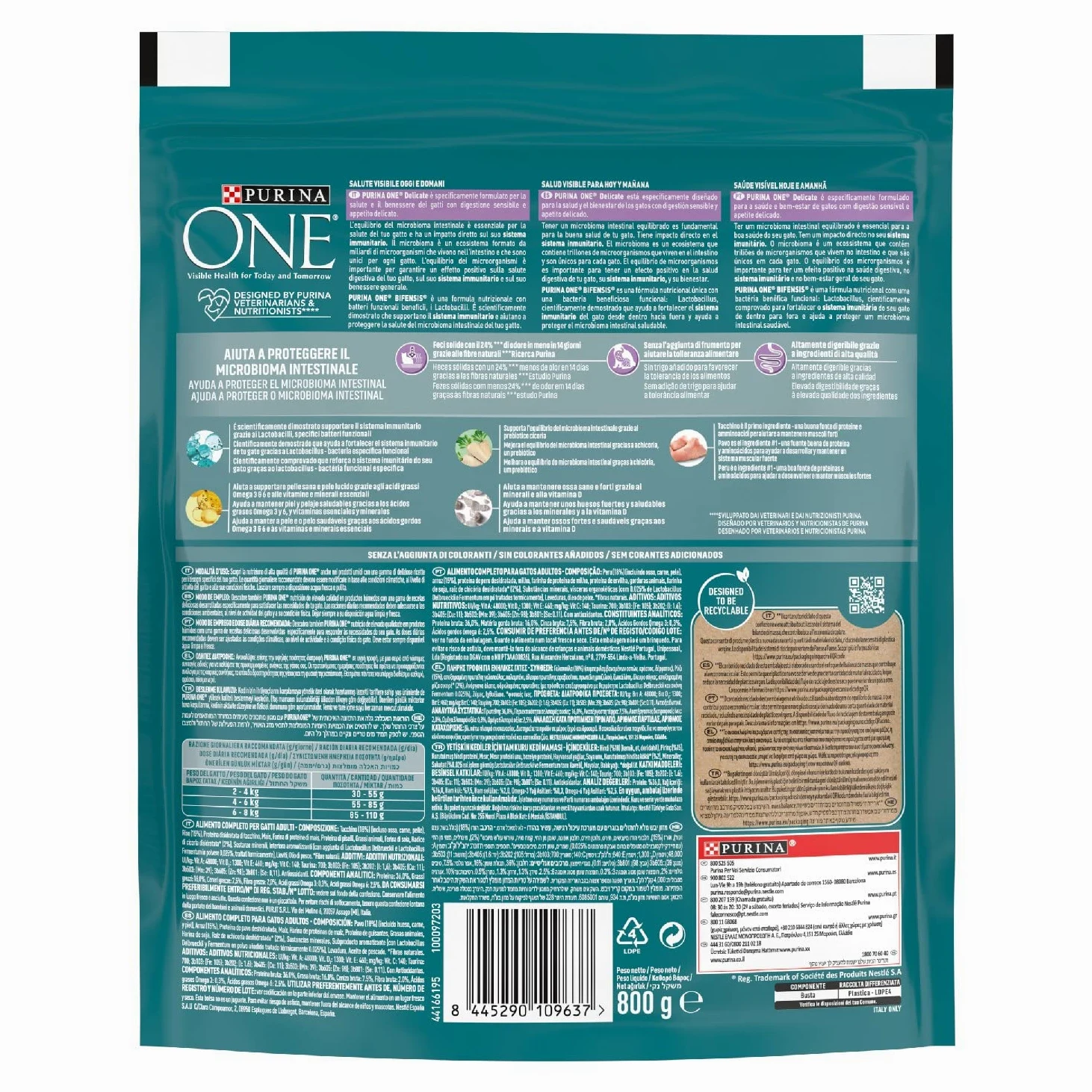 PURINA ONE Bifensis Delicate Croccantini per Gatto Adulto con Tacchino - 8 Confezioni da 800 g, Formula Nutriente per il Microbioma Intestinale e il Benessere Digestivo