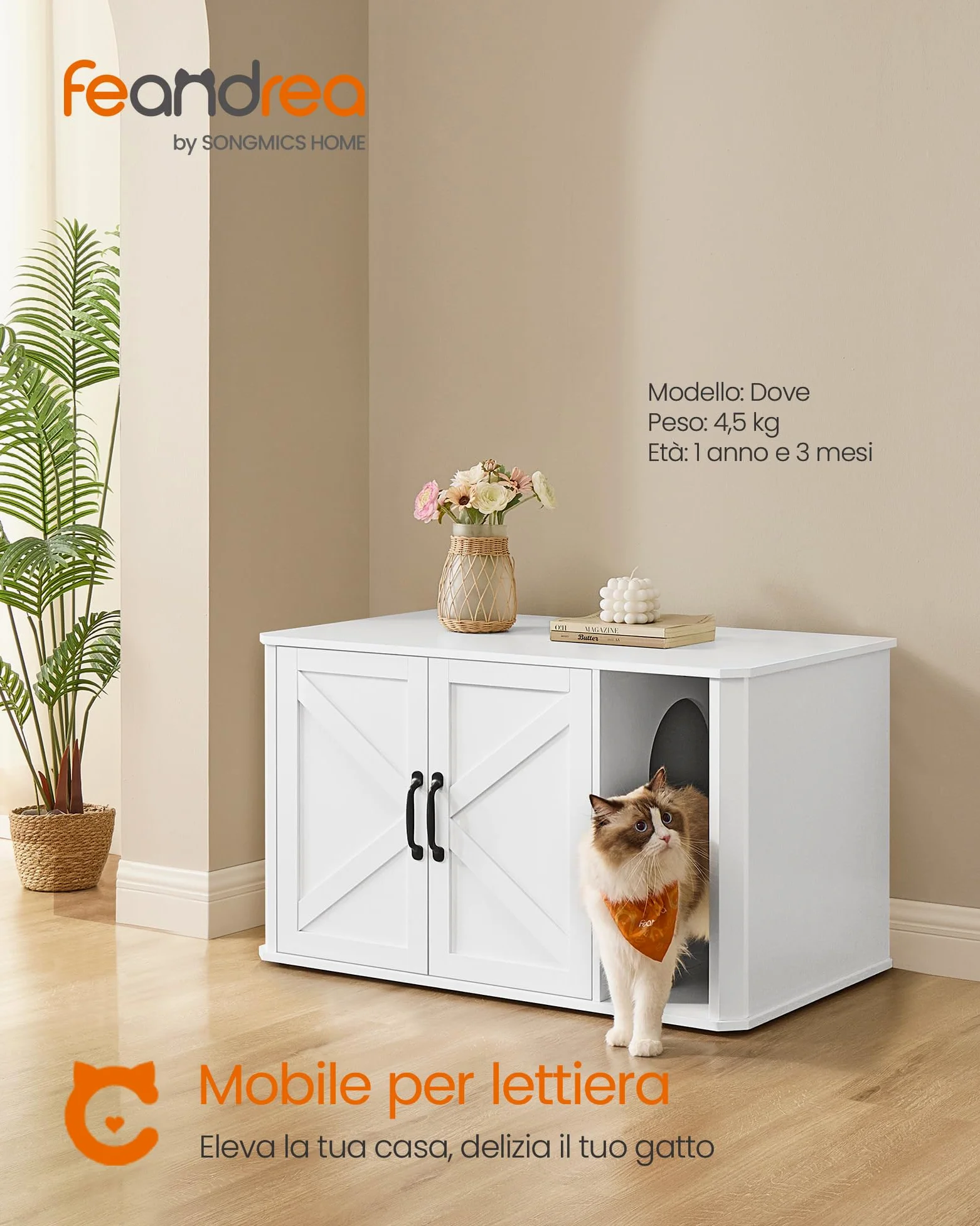 Feandrea Mobile per Lettiera, Mobile Moderno per Lettiera Nascosto, con Ingresso Frontale, Doppie Porte, Maniglie, Casetta per Gatti, Tavolino Laterale, 85 x 48,5 x 50 cm, Bianco Nuvola PCL012W01