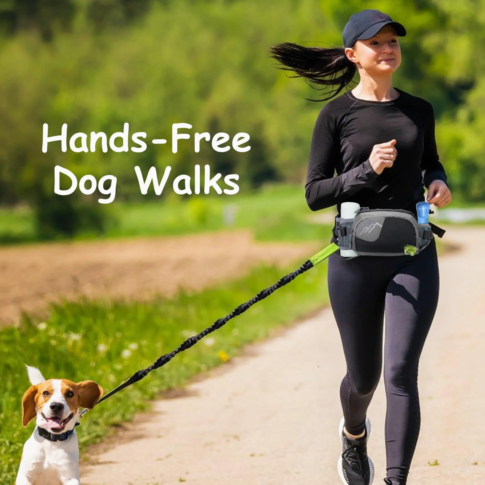 Marsupio da passeggio per cani con sacchetto rimovibile e 2 portabottiglie retrattili da 300 ml, chiusura magenetica senza fuoriuscite, sacchetti a mani libere per addestramento, per proprietari di