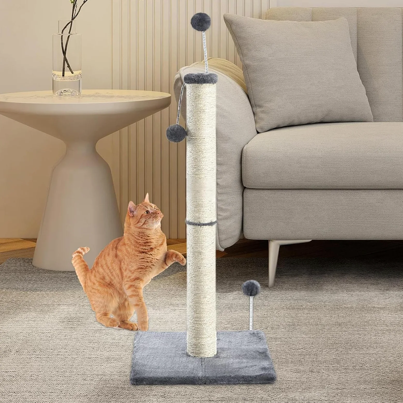 Tiragraffi per Gatti Adulti 97cm Palo in Corda di Sisal Naturale con Palla Appesa, Morbido Peluche