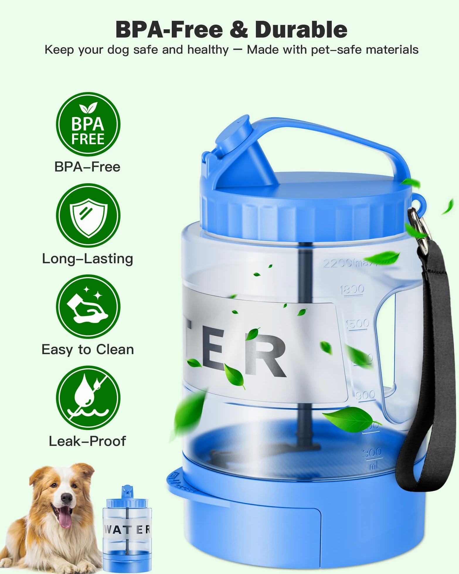 SwSun Grande borraccia portatile per cani, dispenser d'acqua da viaggio per cani, con ciotola estraibile, ideale per escursioni, campeggio, parchi per cani, a prova di perdite, senza BPA, per cani di
