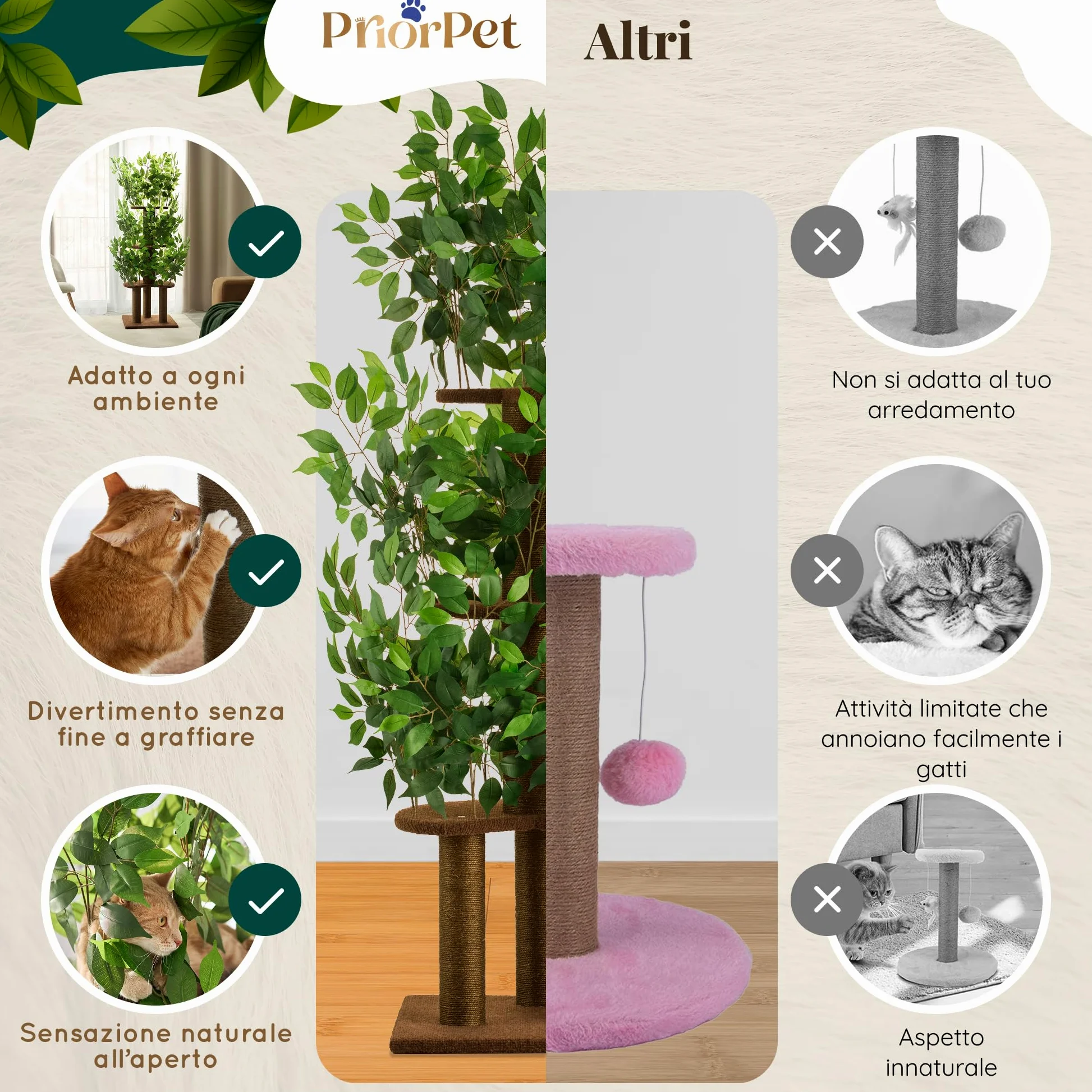 Albero per gatti con Foglie – Compatto e Robusto Tiragraffi per gatti adulti – Albero con 4 Livelli Graffiabili – Per Arrampicarsi Nascondersi e Dormire – Facile da Montare – Ideale per Spazi Ridotti