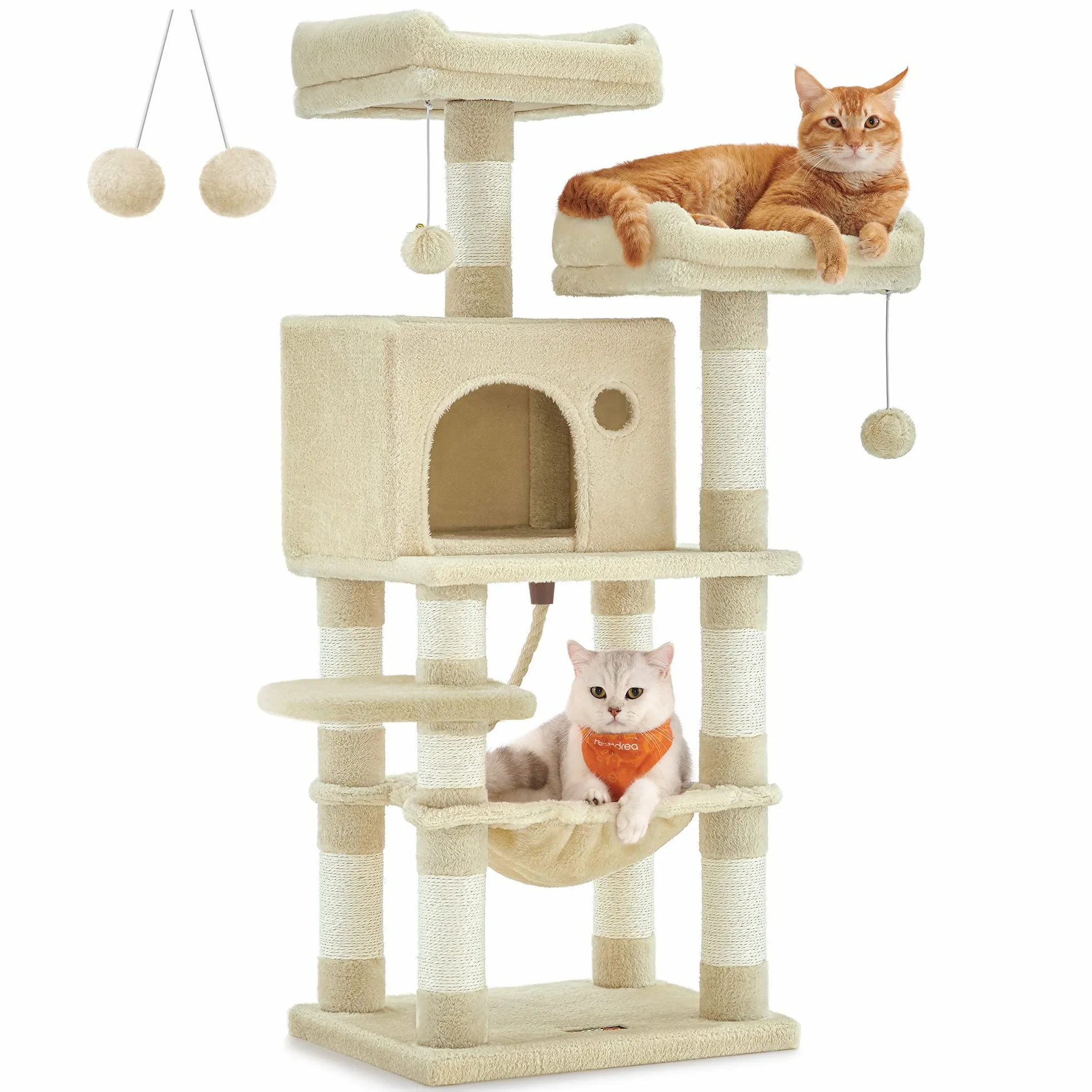 Feandrea Albero per Gatti Alto 112 cm, Tiragraffi per Gatti, con 11 Pali Graffiatoi, 2 Posatoi, 1 Grotta, 1 Amaca, 2 Pompon, in Peluche a Più Livelli, Beige PCT215M01