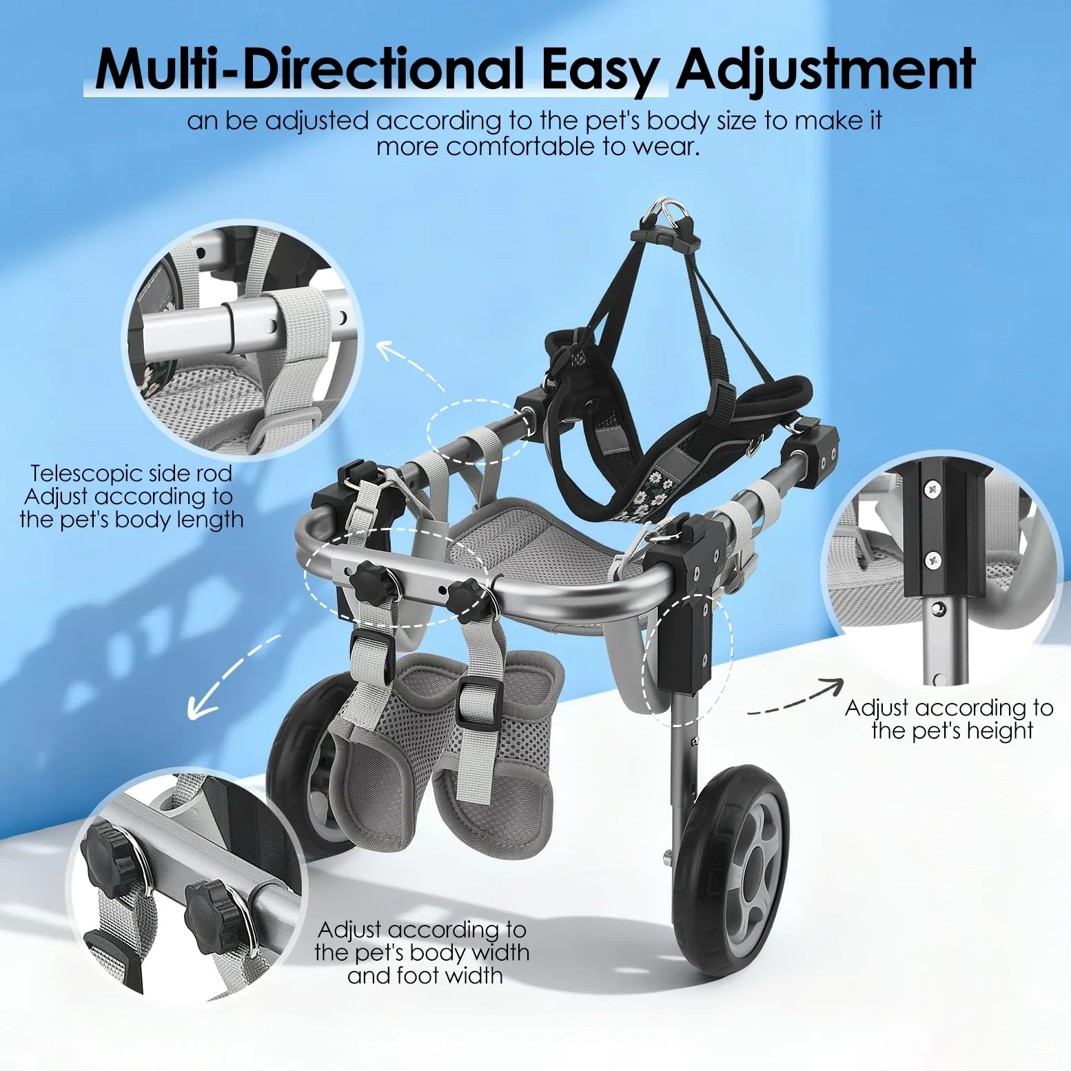 Sedia a Rotelle per Animali Domestici in Alluminio Regolabile, Carrellino per Cani Disabili Feriti Zampe Posteriori, Ruote Silenziose per Cani 2-7kg, Materiale ABS Resistente per Riabilitazione
