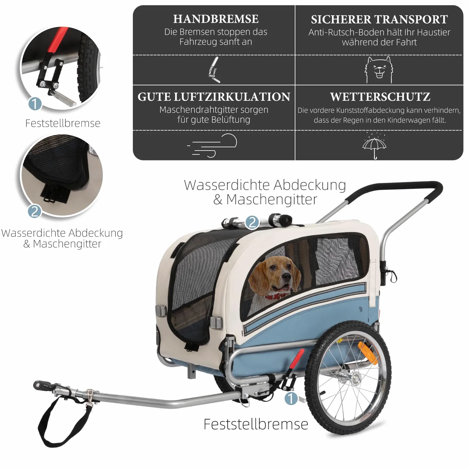 Rimorchio per cani 2 in 1 per bicicletta e jogging – Carrello per cani fino a 30 kg pieghevole con freni, bandierina di segnalazione, uso esterno e domestico, facile da montare