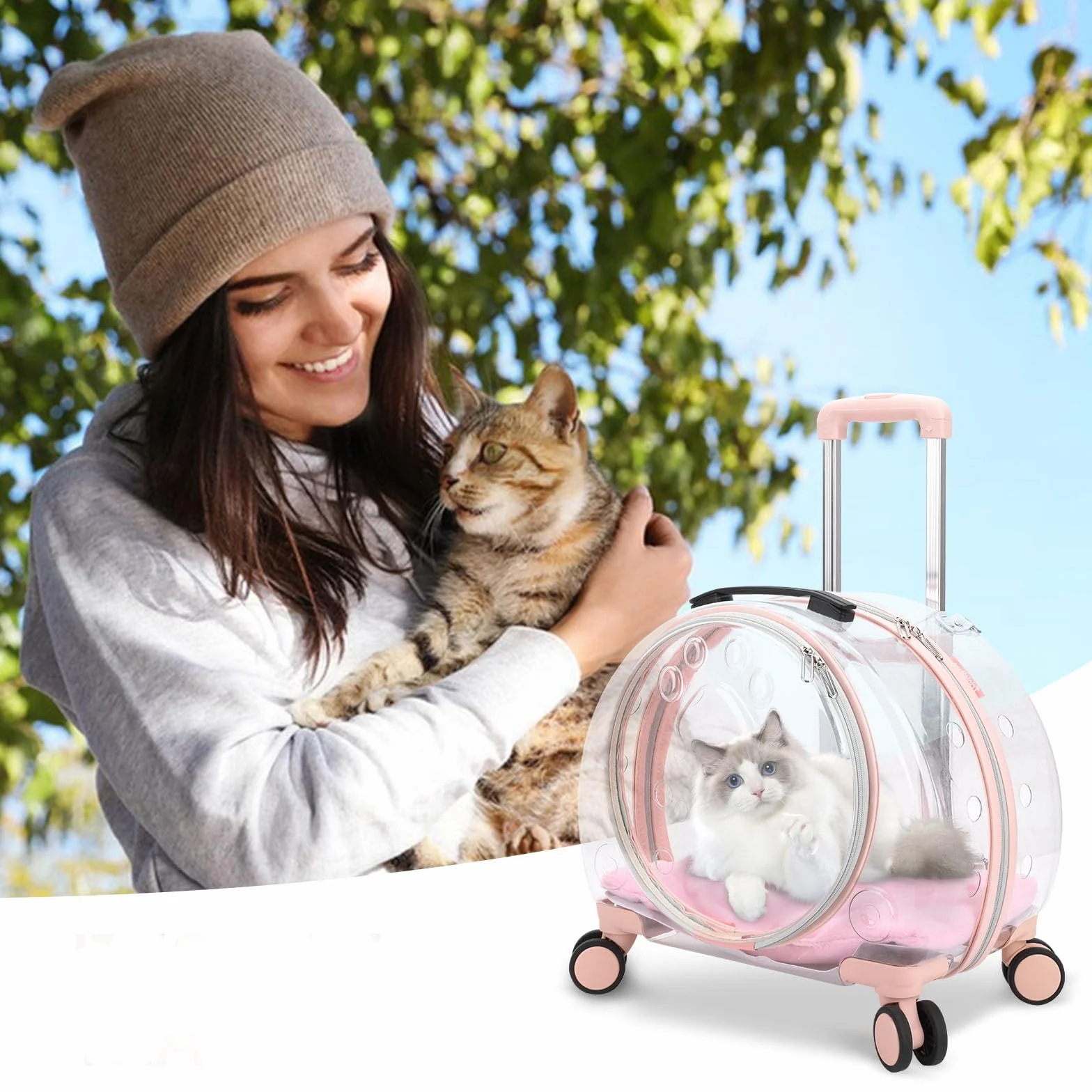 Trasparente e Completamente Traspirante Trasportino per Gatti con Ruote Girevoli per Cani, Gatti o Conigli, Più Opzioni di Trasporto, Perfetto per Viaggiare/Fare una Passeggiata (rosa)