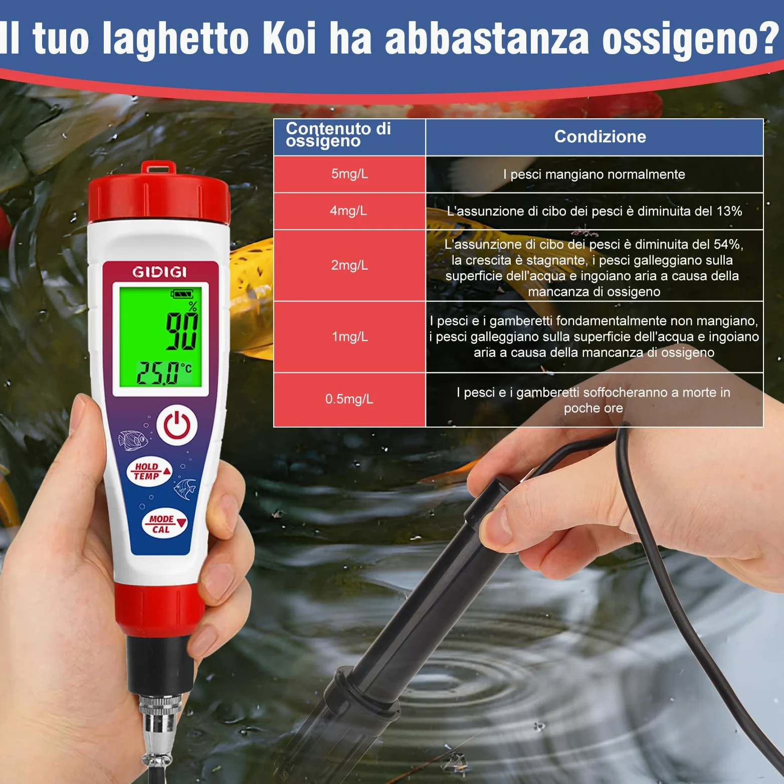 Misuratore digitale di ossigeno disciolto con cavo sonda da 4,92 piedi, analizzatore di ossigeno misuratore DO con accessori, kit di test per acquari e laghetti 0,0-40,0 mg/L per acquario, vino