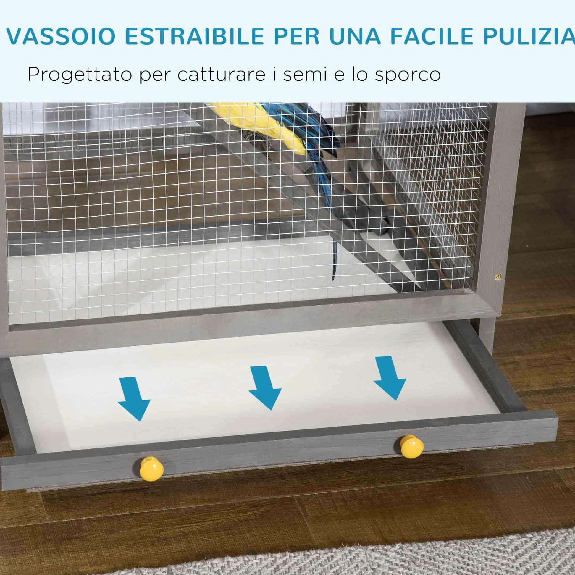 PawHut Gabbia per Uccelli in Legno di Abete e Rete Metallica, Voliera per Uccelli da Esterno con 2 Porte, Tetto in Asfalto e Vassoio Estraibile, 68x63x165 cm, Grigio Chiaro