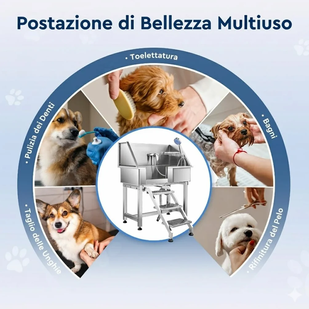 CO-Z 86 cm Vasca da Bagno per Cani in Acciaio Inossidabile, Vasca Toelettatura Professionale per Animali Domestici capacità 80 kg, Vasca Doccia per Toelettatura con Scale Porta Scorrevole Rubinetto