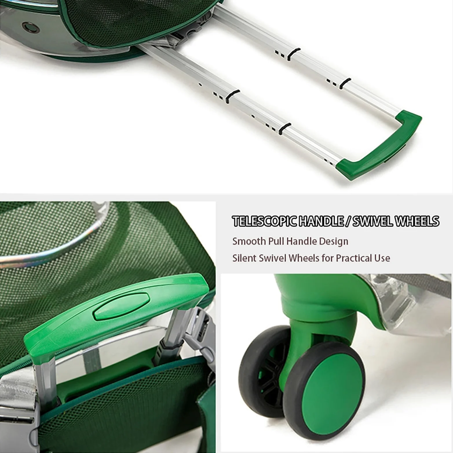Trasportino per Gatti con Ruote – Zaino Trolley Rigido Trasparente e Traspirante per Gatti e Cani fino a 10 kg, Ruote Silenziose a 360°, Spallacci Rimovibili e Schienale Ventilato(Green)
