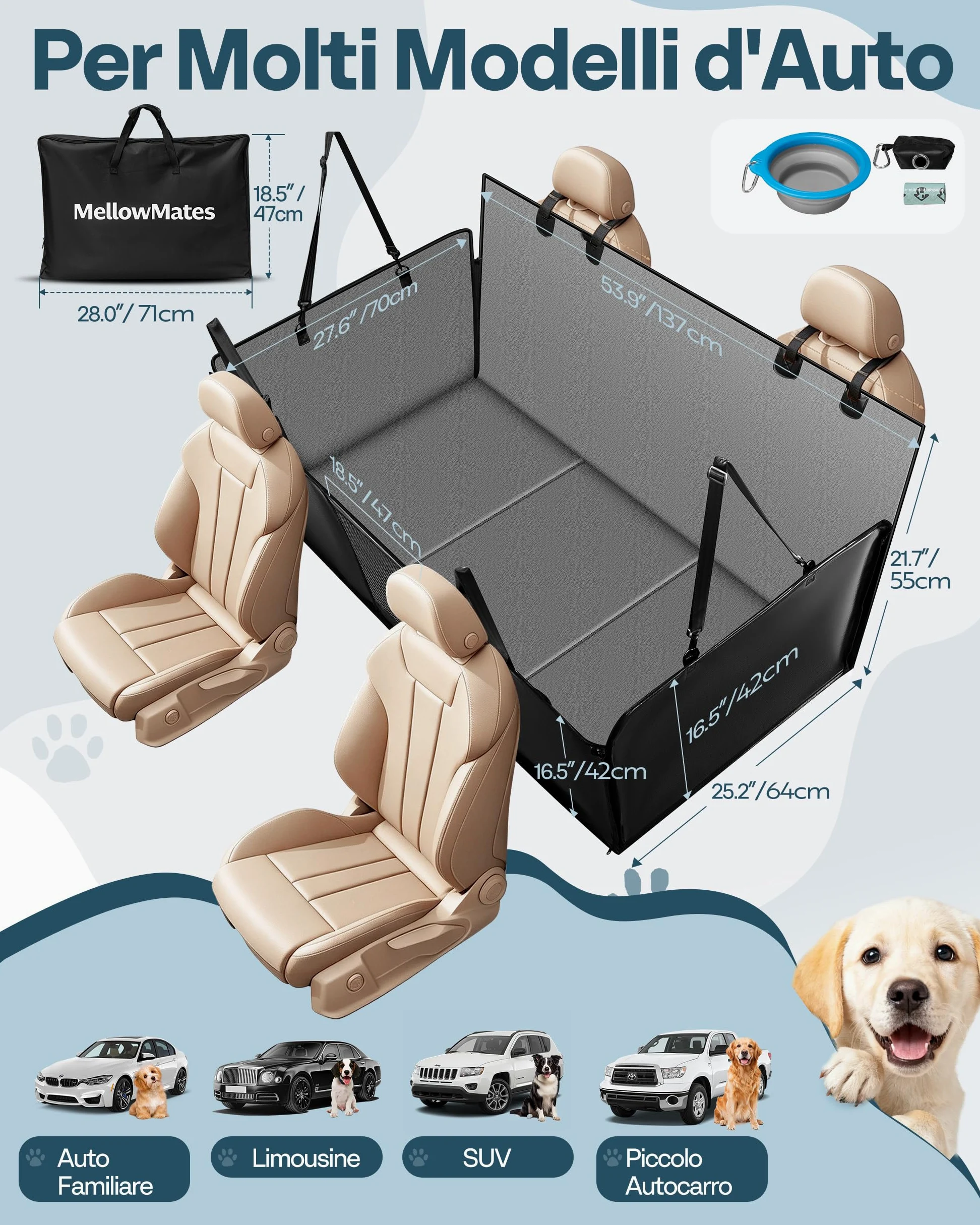 Coprisedile per cani per sedile posteriore, fondo rigido/estensione impermeabile per cani, amaca per cani, coprisedile per animali domestici per sedile posteriore per auto/SUV