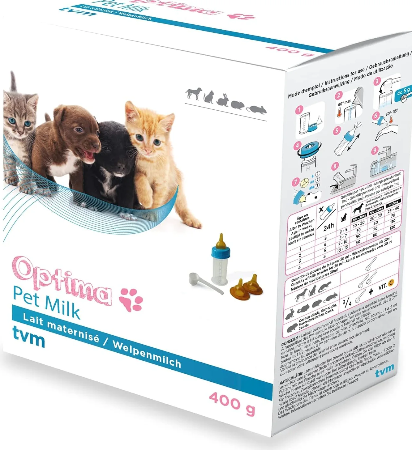 TVM Optima Pet Milk | 400 g | Latte per cuccioli di cani, gatti e animali domestici | Può contribuire a una digestione ottimale e a una crescita armoniosa | Arricchito con DHA
