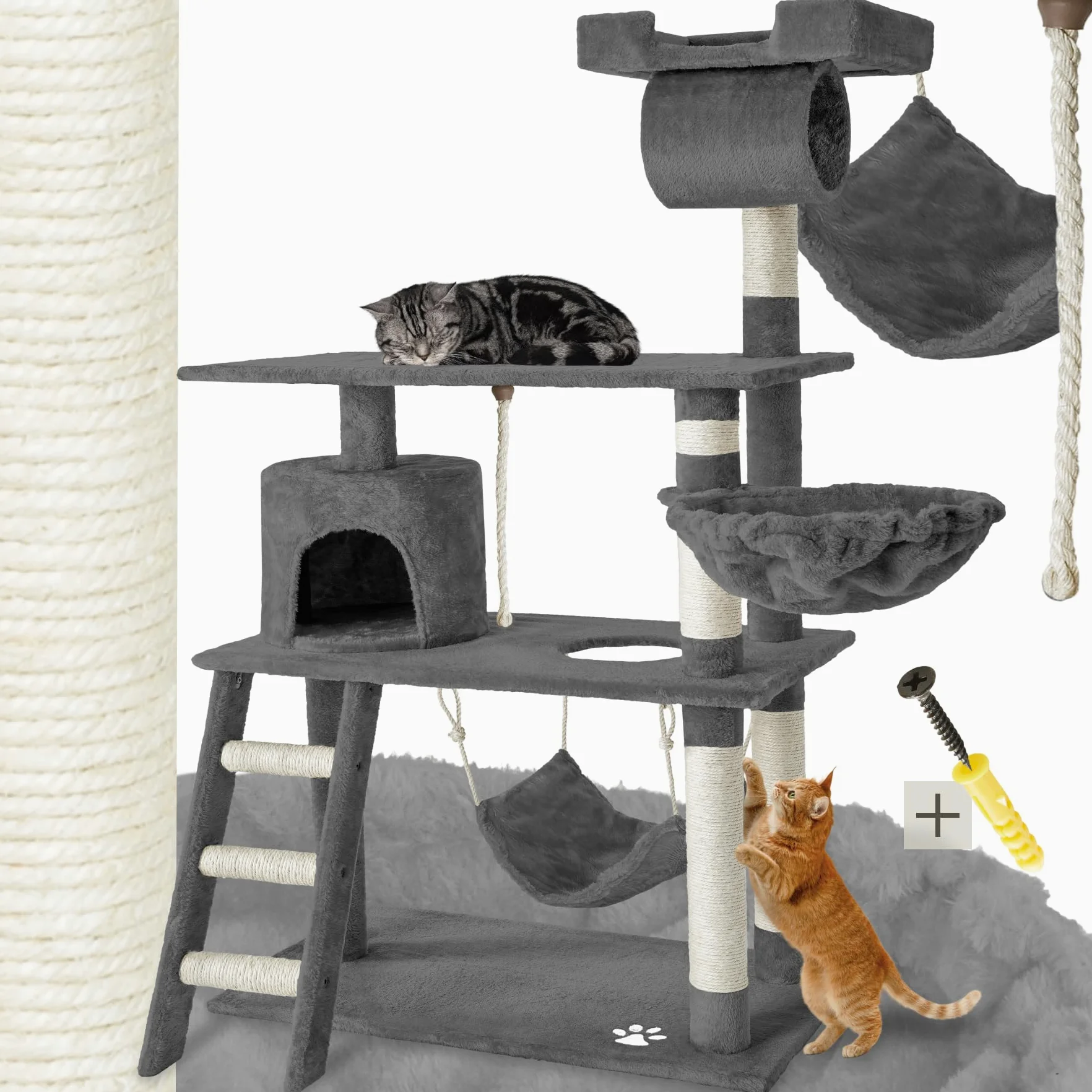 tectake® Tiragraffi per Gatti, Multifunzionale, Tiragraffi Gatto con Amaca, Albero per Gatti con Piattaforme Elevate e Colonne in Sisal, Albero Gatti Ideale per Gioco e Relax - Grigio