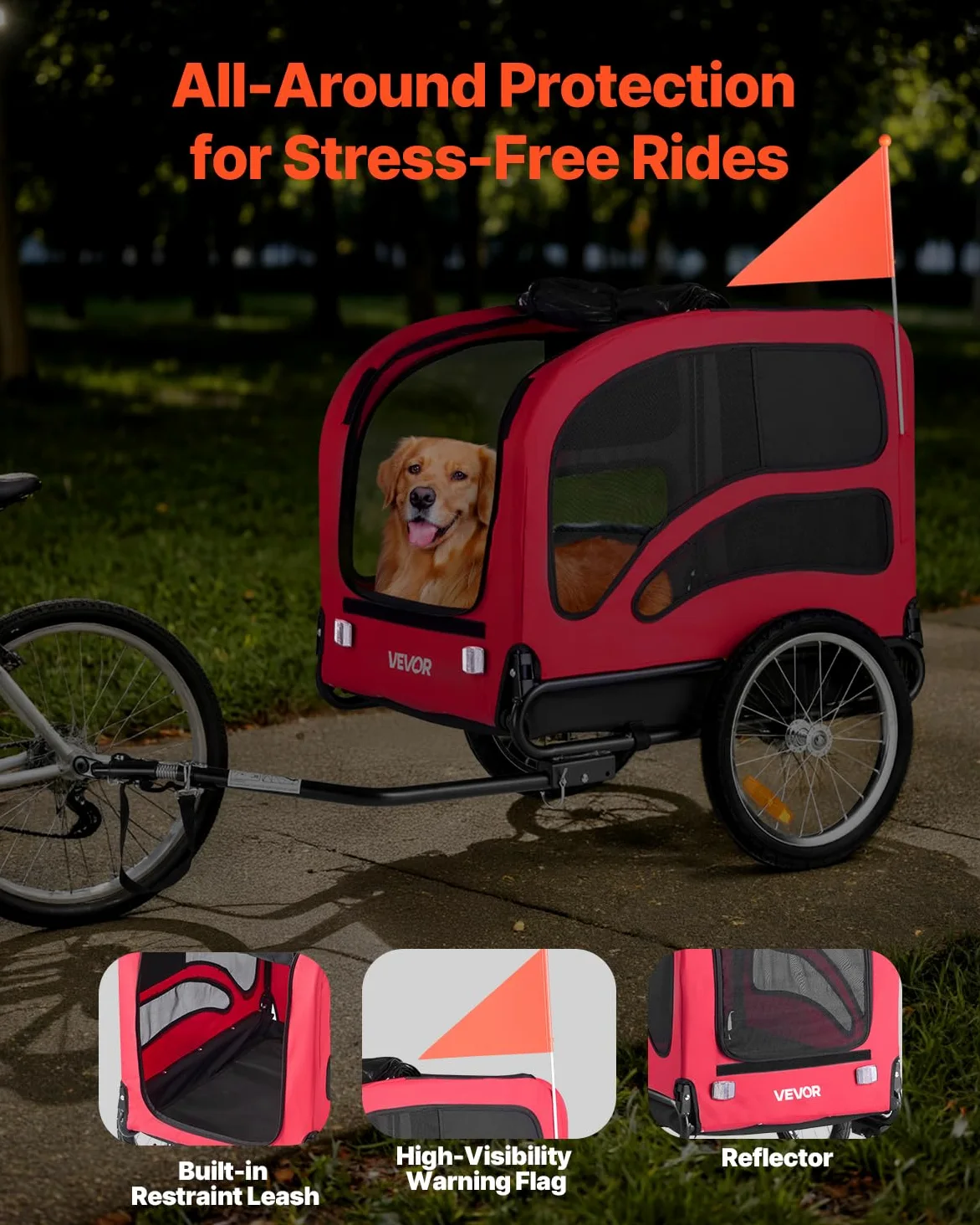 VEVOR Rimorchio per Bici per Cani, Supporta Fino a 45 kg, Carrello Portabici, Telaio Pieghevole con Ruota a Sgancio Rapido, Attacco Universale per Bicicletta, Riflettore, Bandiera Guinzaglio Interno