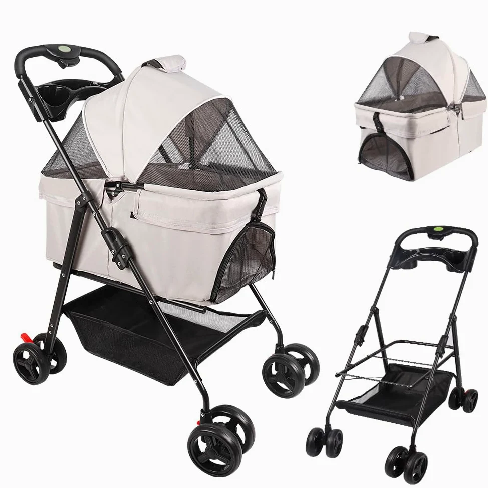 Passeggino per cani 3 in 1,Passeggino Buggy pieghevole animali carrello pieghevole cane gatto portabicchieri cestino portaoggetti incluso ruote con freno tessuto 600D Oxford acciaio
