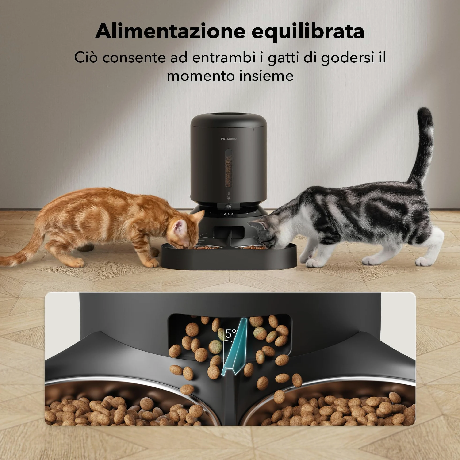 PETLIBRO 5G&2.4G WiFi Distributore Automatico Cibo Gatti con Telecamera,5L 1080P HD Distributore Automatico Cibo Cani con 2 Ciotole in Acciaio Inox,1-10 Pasti/Giorno,APP Controllo,USB e Batterie, Nero