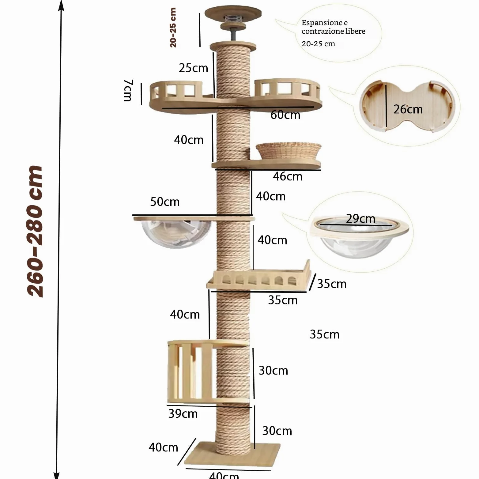 Tiragraffi a soffitto, tiragraffi alto, capsula stanza, amaca per gatti, completamente avvolta in corda di sisal, capsula per stanza, gabbia per gatti (240~280 cm T03), altezza del soffitto