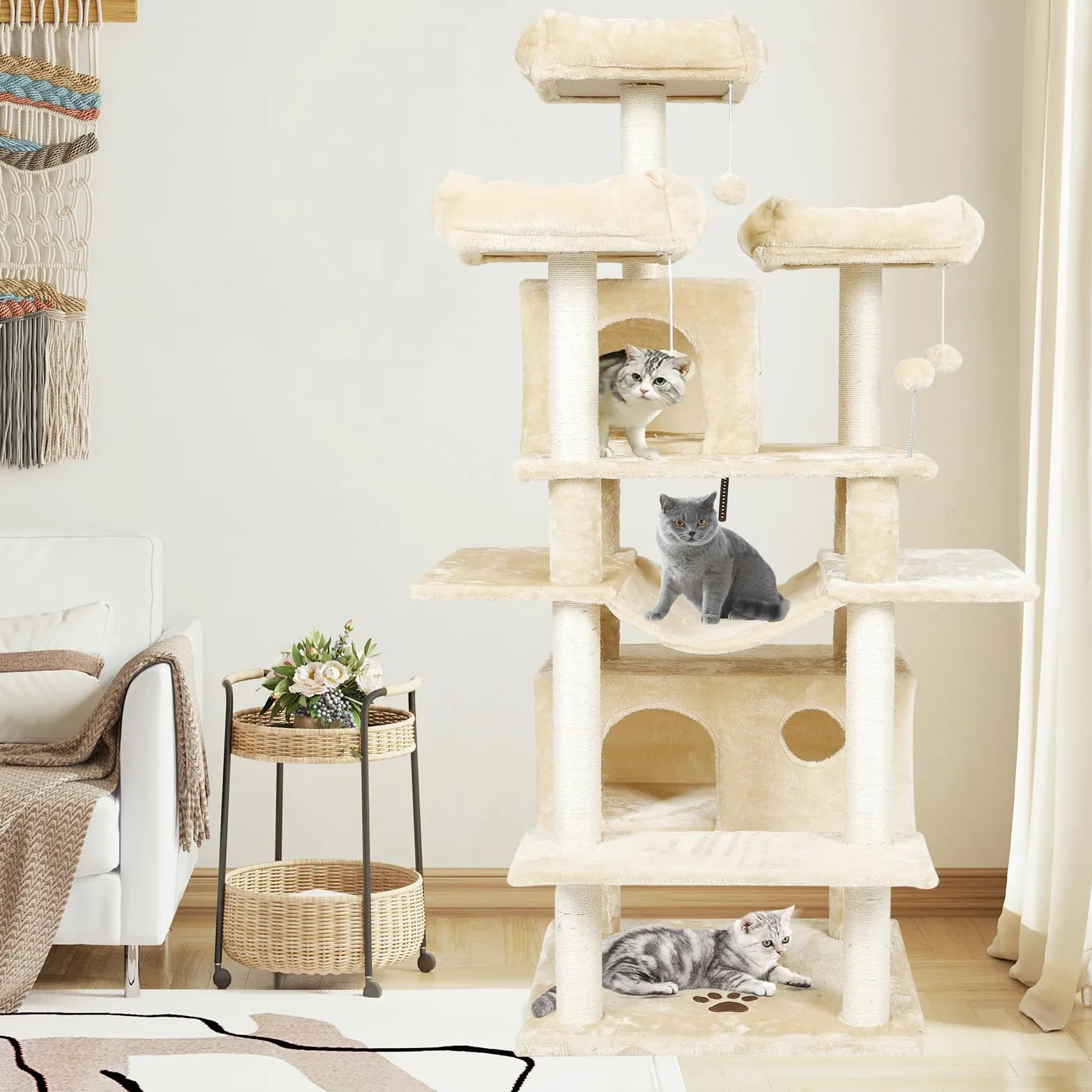 MSmask, Tiragraffi grande, in formato XXL, 175 cm, stabile, con 3 grandi piattaforme di osservazione, per gatti di grandi dimensioni, elementi tiragraffi in sisal (beige)