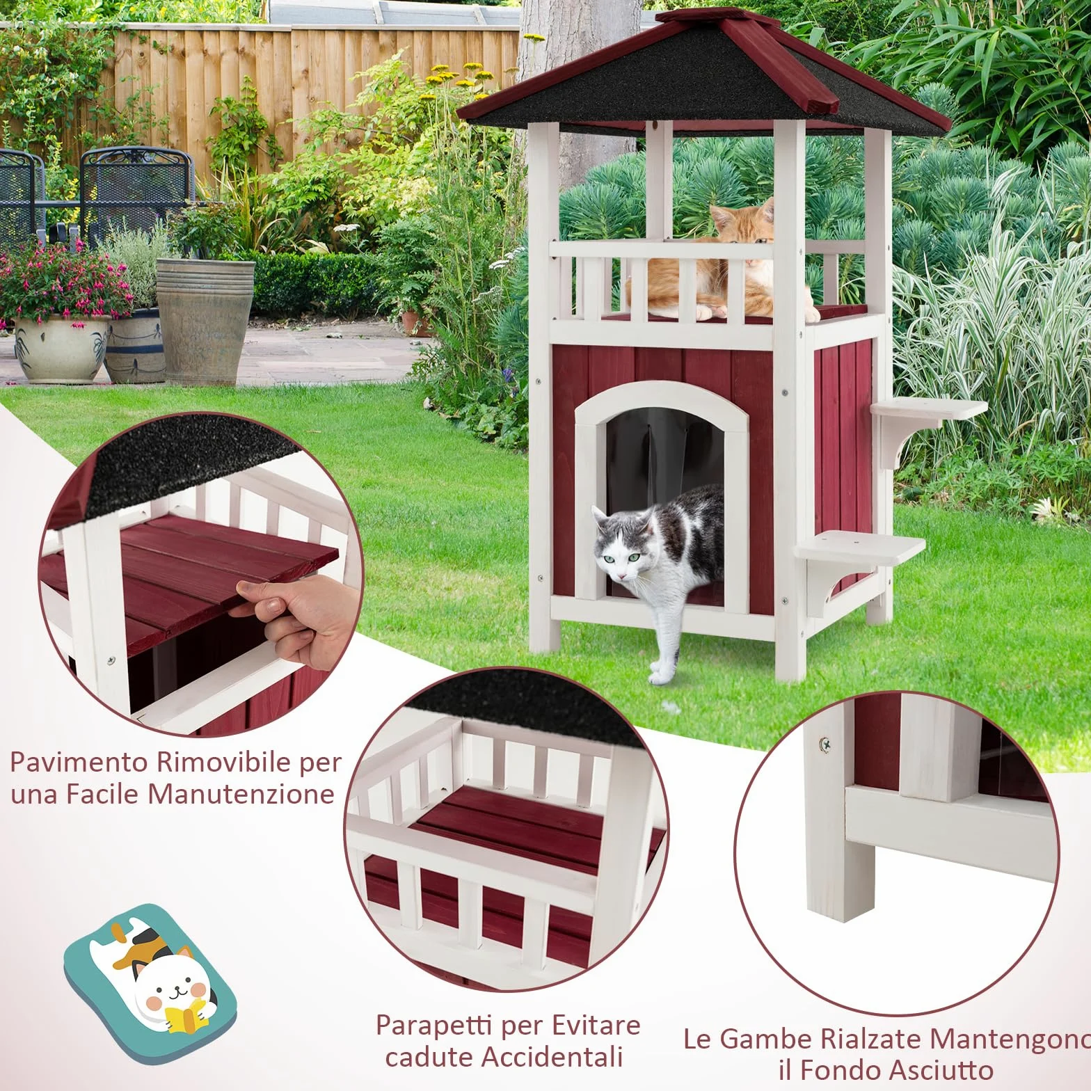 COSTWAY Cuccia per Gatti da Interno ed Esterno, Gasetta per Gatti in Legno a 2 Livelli con Tetto in Asfalto e 2 Piattaforme per Saltare, Casa per Gattini Impermeabile, 58 x 50 x 87 cm