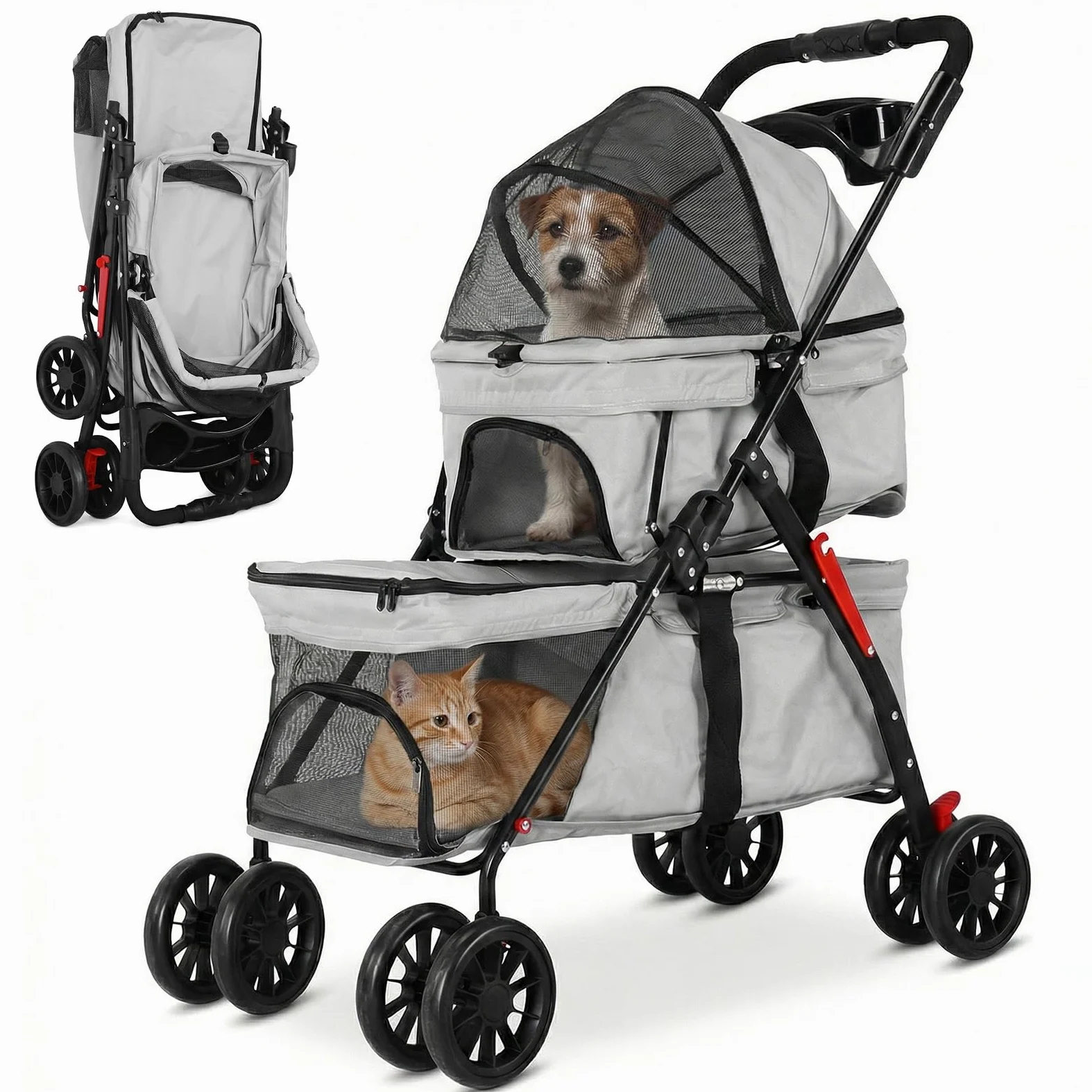 Passeggino per animali domestici a doppio strato per cani e gatti di piccola e media taglia, 3 in 1, pieghevole, passeggino da viaggio leggero, 100 cm x 73 cm x 49 cm (grigio)