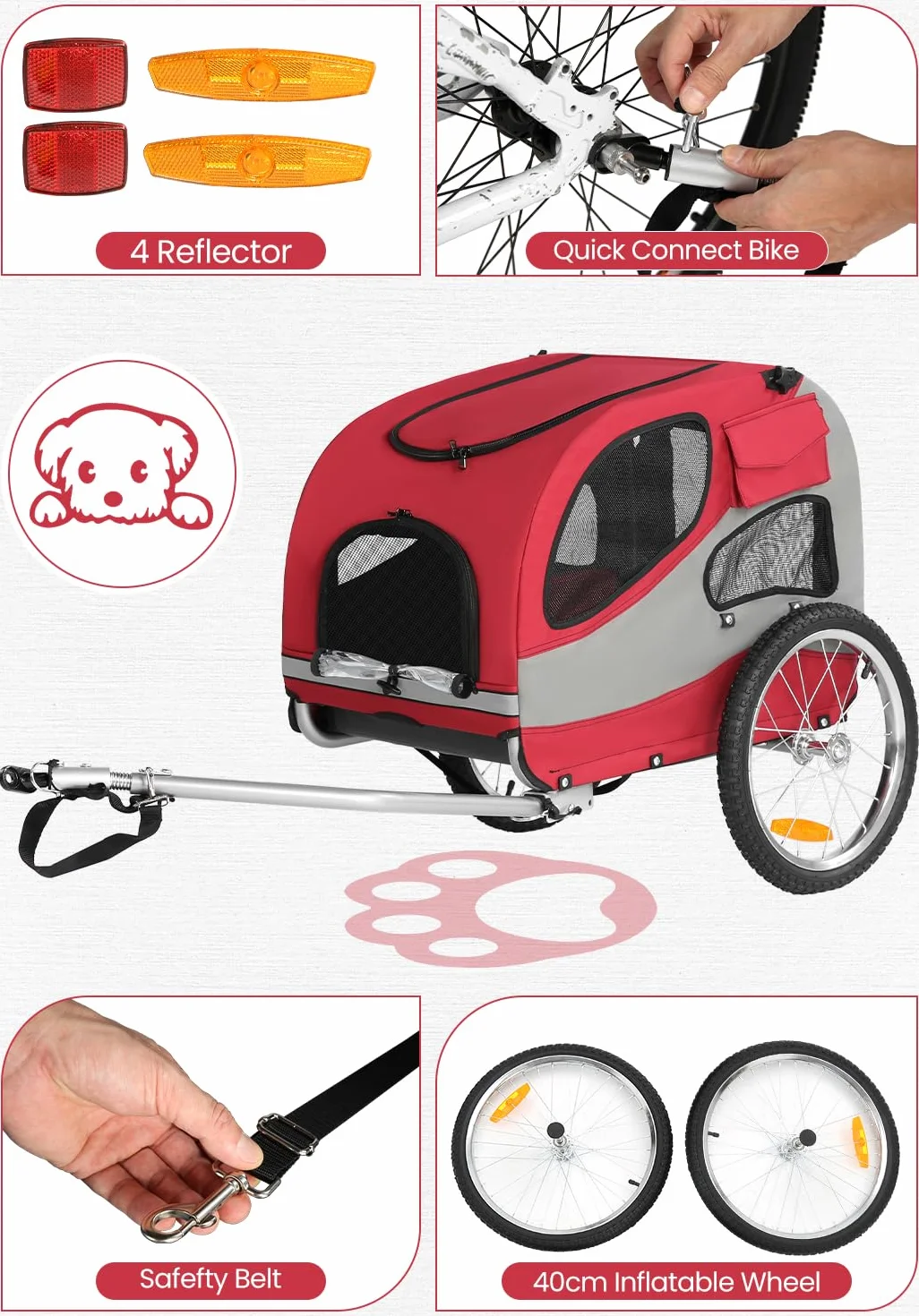 Sepnine Rimorchio per bicicletta per cani – Pieghevole con riflettori di sicurezza, borsa portaoggetti, imbottitura integrata e corde di sicurezza, portata massima