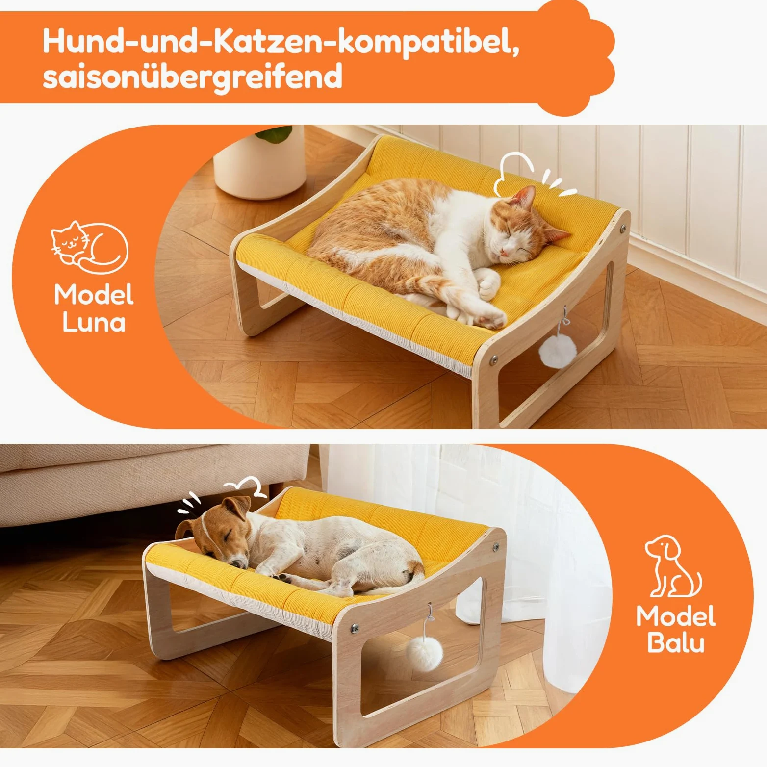BSWAY Letto per gatti rialzato, in legno, divano per gatti giallo sole, 53 x 40 cm, alla moda, con coprimaterasso rimovibile, portata 15 kg