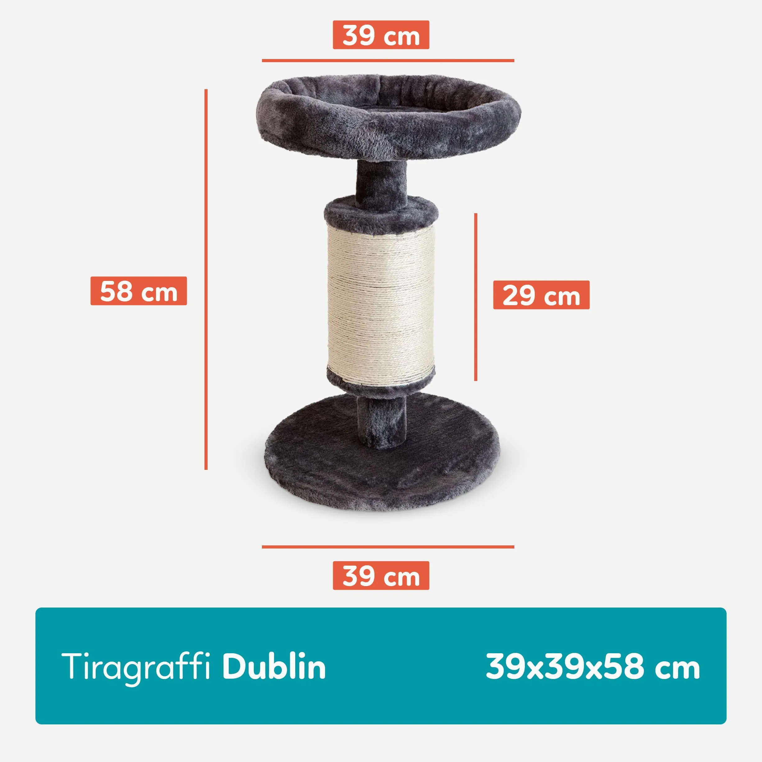 Aqpet Tiragraffi in Sisal e tessuto con piattaforma, Alto 58 cm per il massimo divertimento del tuo gatto, Colore Grigio
