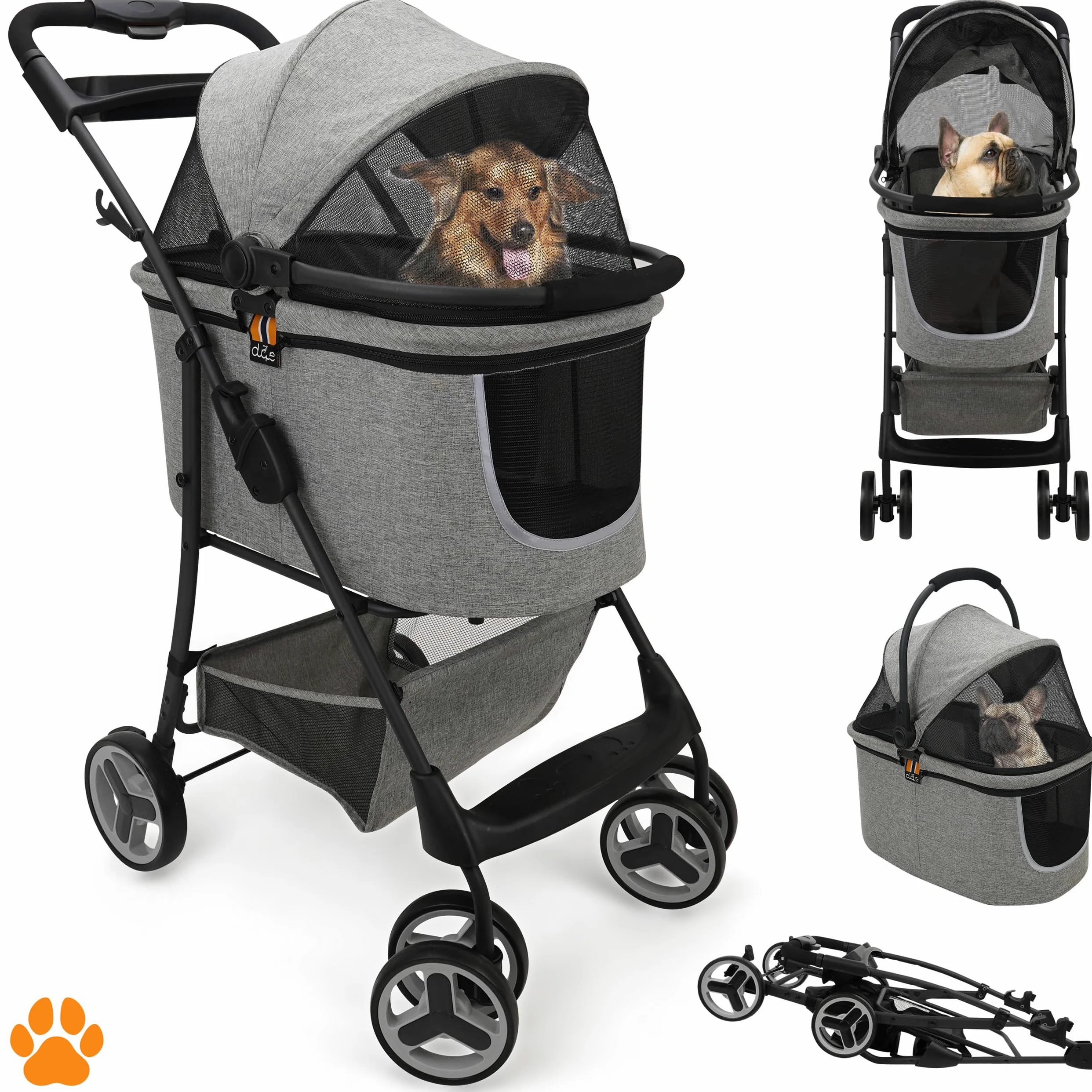 Mod. CECE 2 in 1 - Passeggino per animali, con cestino per spesa o accessori, pieghevole con una mano, utilizzabile col telaio della carrozzina o staccabile come trasportino, grigio melange