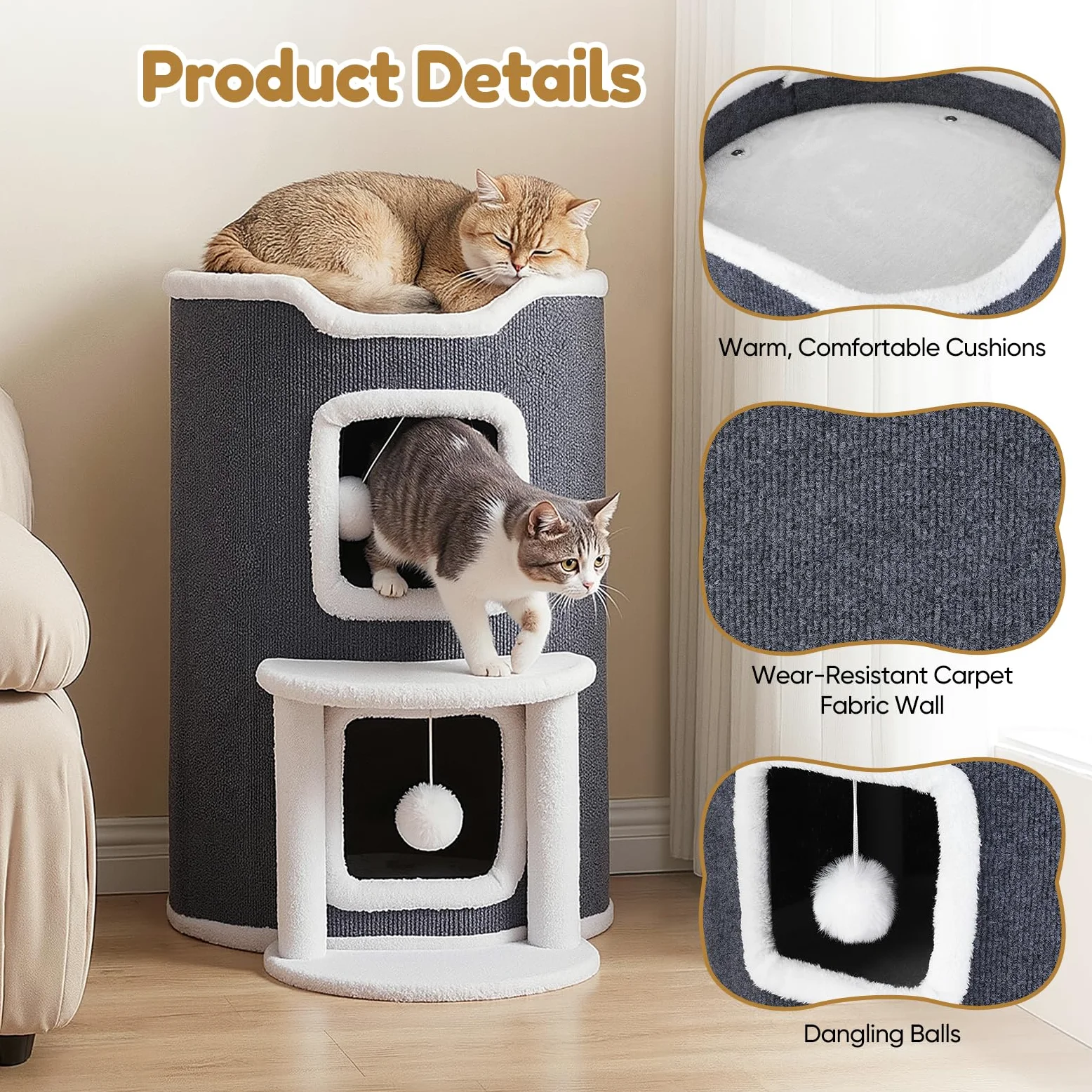 Cuccia per gatti a 3 piani, con tiragraffi e piattaforma per gatti da appartamento, con 2 grotte e piattaforma di visualizzazione, mobili per gatti con palla da gioco, 43 x 62 cm, grigio