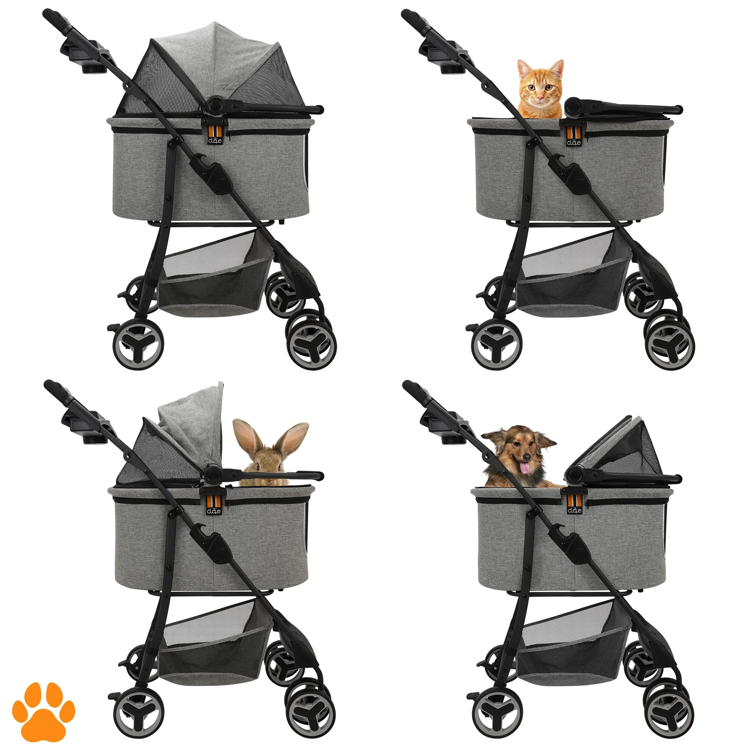 Mod. CECE 2 in 1 - Passeggino per animali, con cestino per spesa o accessori, pieghevole con una mano, utilizzabile col telaio della carrozzina o staccabile come trasportino, grigio melange