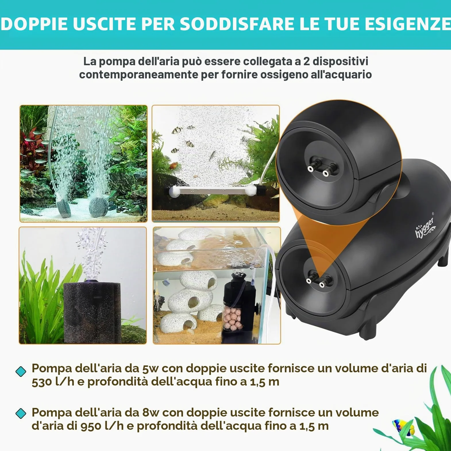 hygger Ossigenatore per Acquario,5W Pompa ad Aria per Acquario Regolabile Pompa Ciotola per Pesce con Tubo Aria, Pietra Aerea E Valvola di Non Ritorno Air Pump Fish Tank