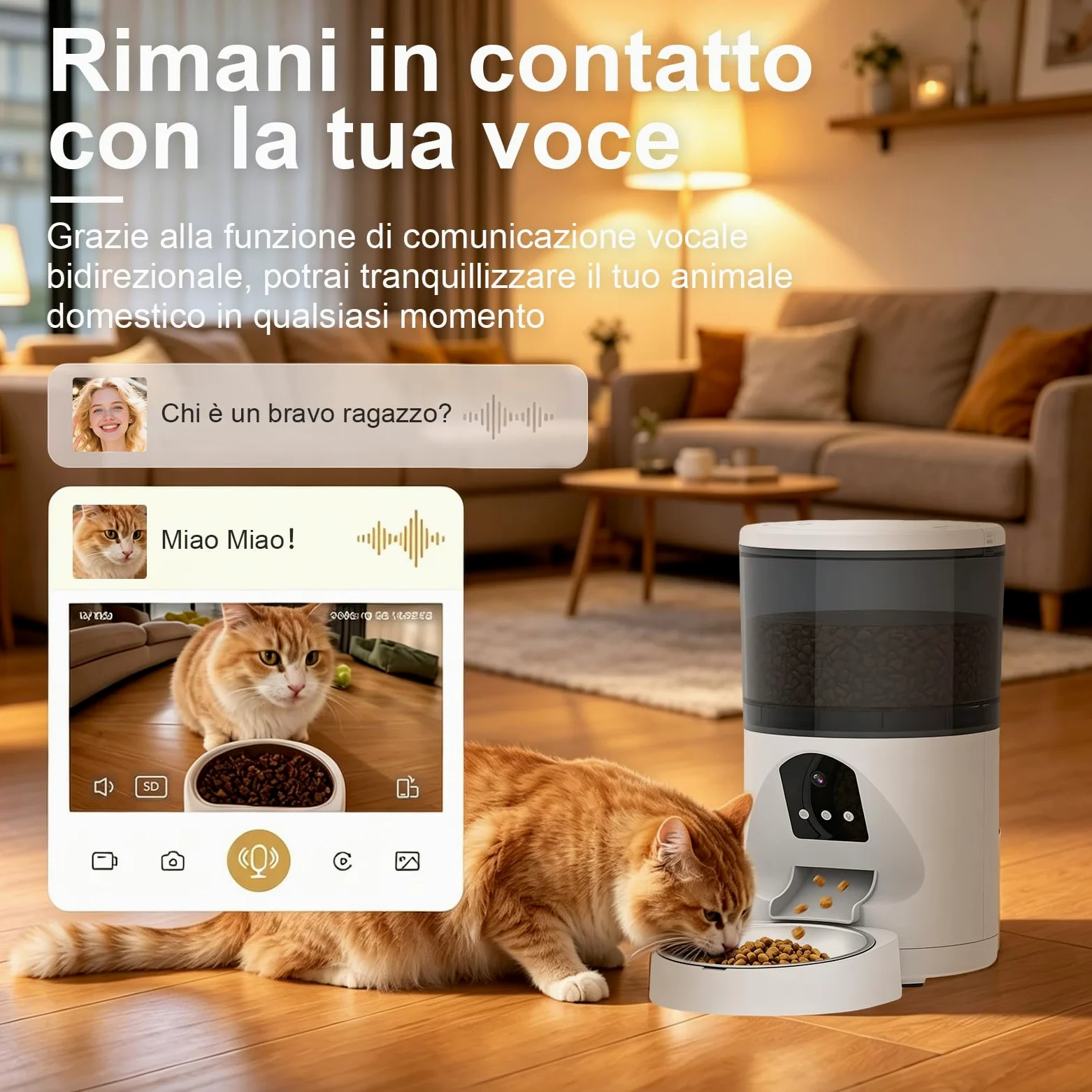 Distributore Automatico Cibo WiFi per Gatti e Cani 6L | 2.4Ghz WiFi, Dispenser Crocchette per Crocchette, 3MP HD Telecamera con Visione Notturna, Audio Bidirezionale, Controllo App