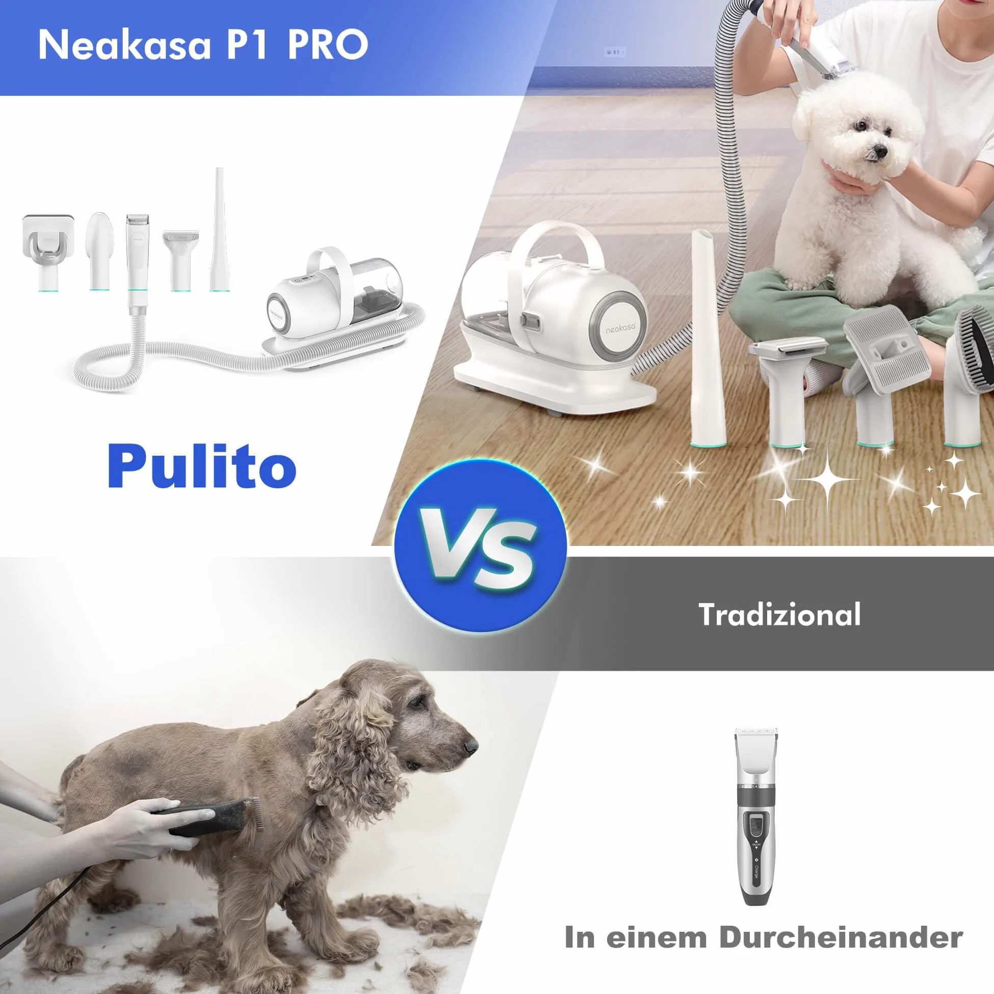 Neakasa P1 PRO Kit per toelettatura e aspirazione a Vuoto per Animali Domestici, Tosatrice per Cani e Gatto Pelo Lungo Professionale (Bianco)