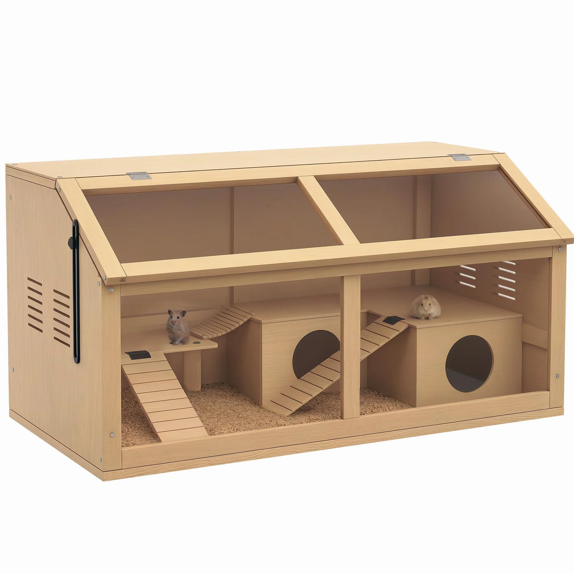PawHut Gabbia per Criceti Apribile con Piattaforma, Scalette, Capanna e Ponte, Gabbia per Roditori in Legno di Abete, 85x45x44 cm, color Legno