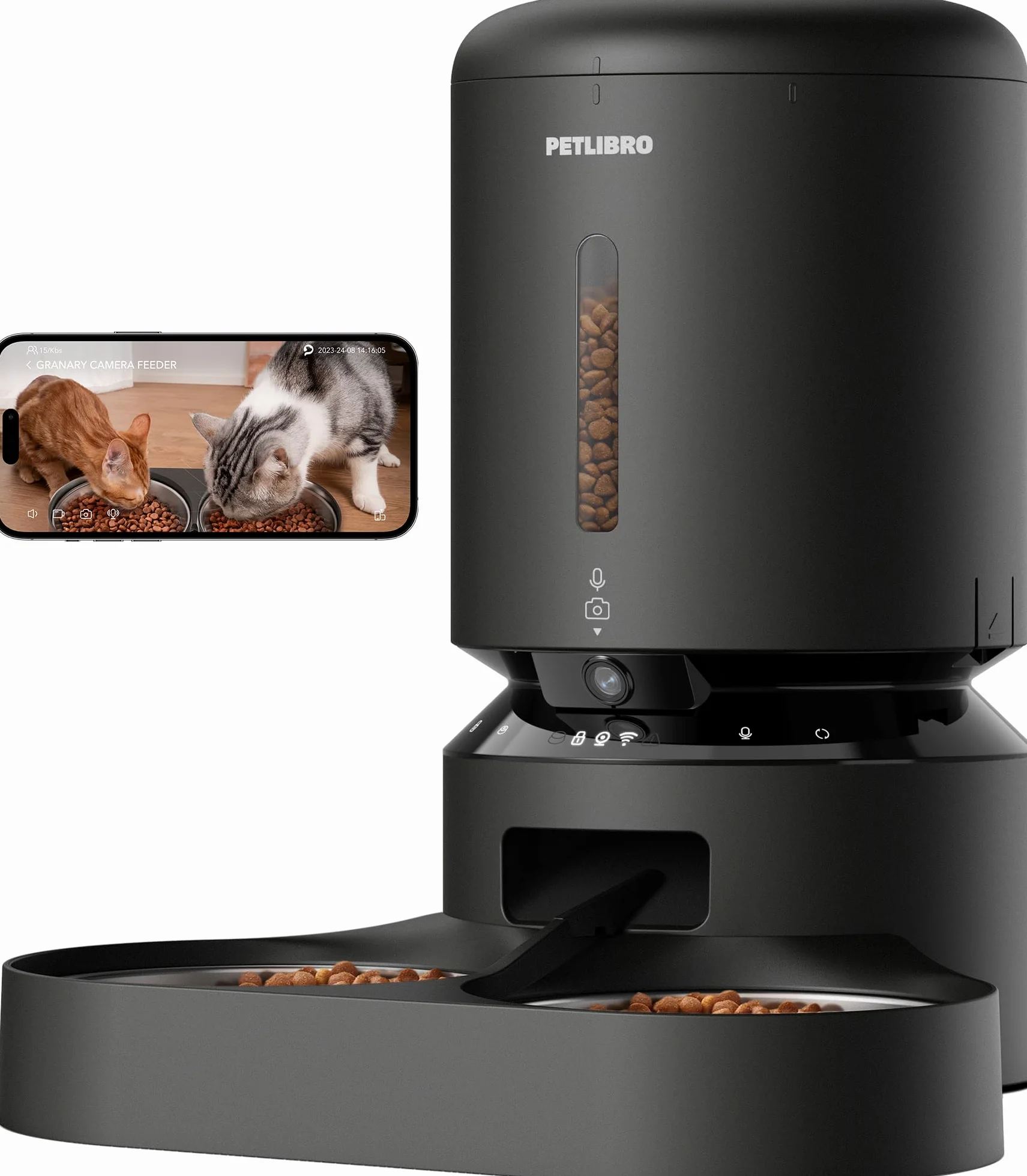 PETLIBRO 5G&2.4G WiFi Distributore Automatico Cibo Gatti con Telecamera,5L 1080P HD Distributore Automatico Cibo Cani con 2 Ciotole in Acciaio Inox,1-10 Pasti/Giorno,APP Controllo,USB e Batterie, Nero