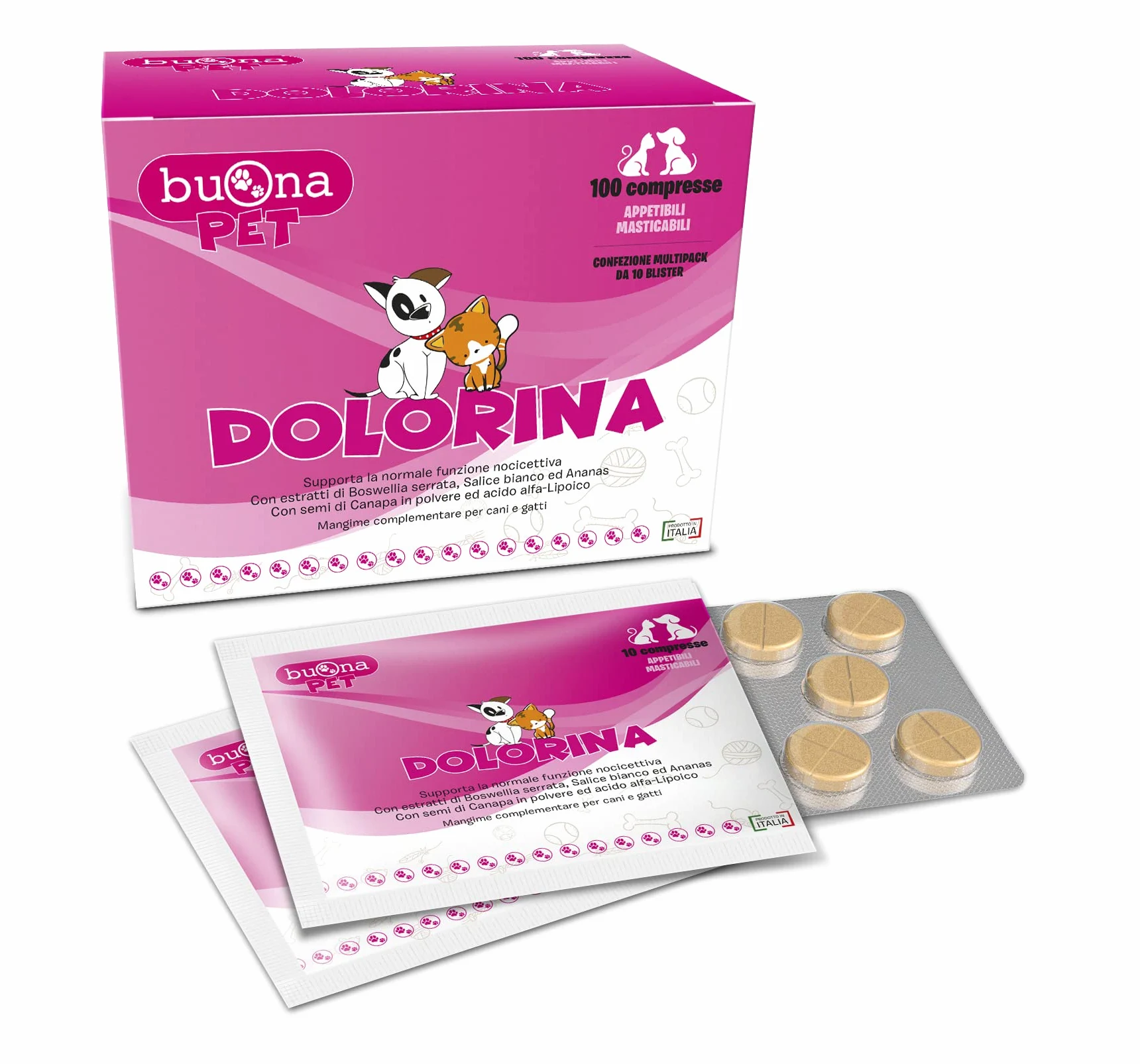 Dolorina Buona Pet Mangime Complementare per Cani e Gatti Con Boswellia, Salice Bianco, Acido Alfa Lipoico, Semi di Canapa e Ananas, Supporto alla Funzione Nocicettiva, 100 Compresse Appetibili