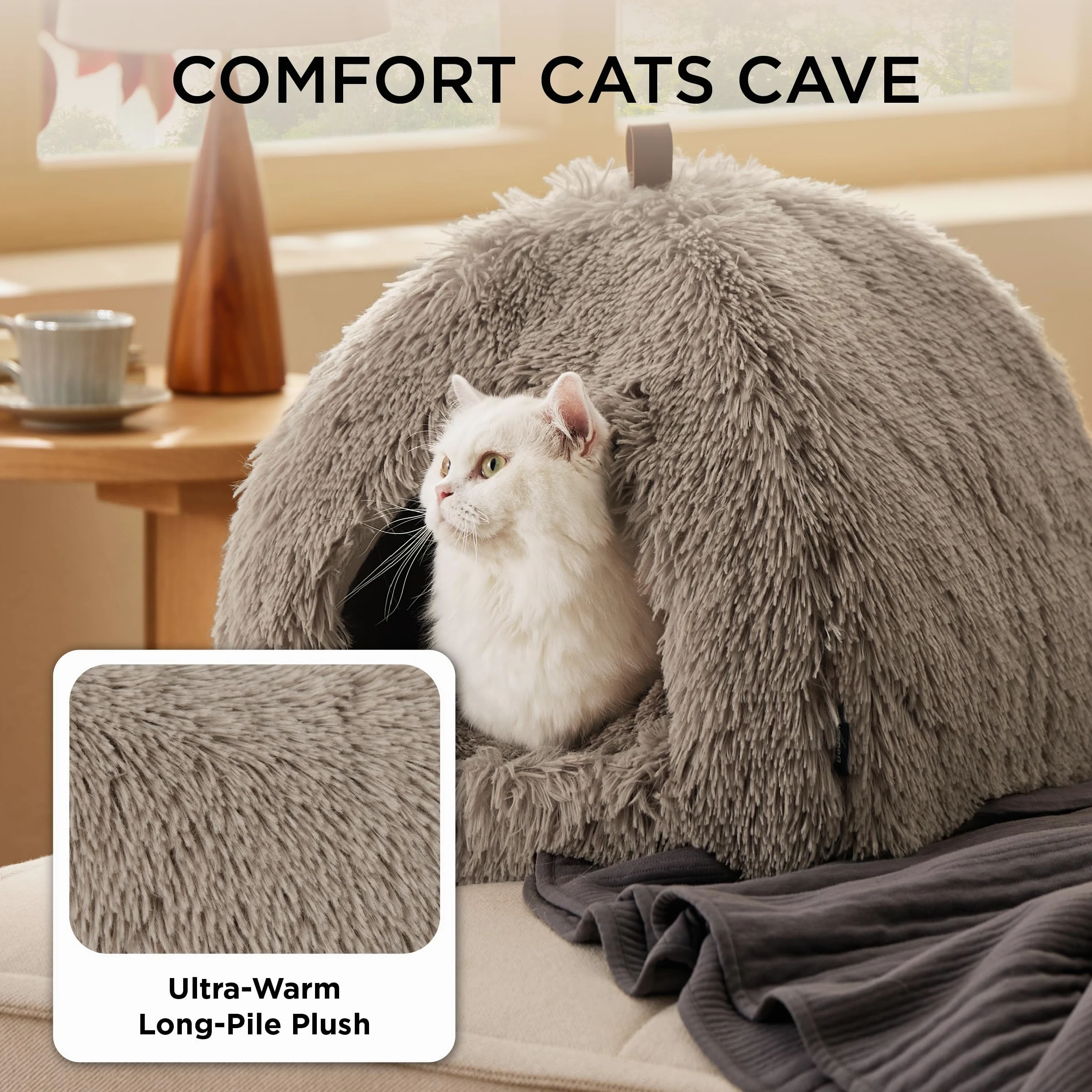 Bedsure Cuccia per gatti grande - 44x44x44 cm Casetta per gatti in peluche per interni con cuscino rimovibile e giocattolo appeso, lettino per gatti lavabile, cammello
